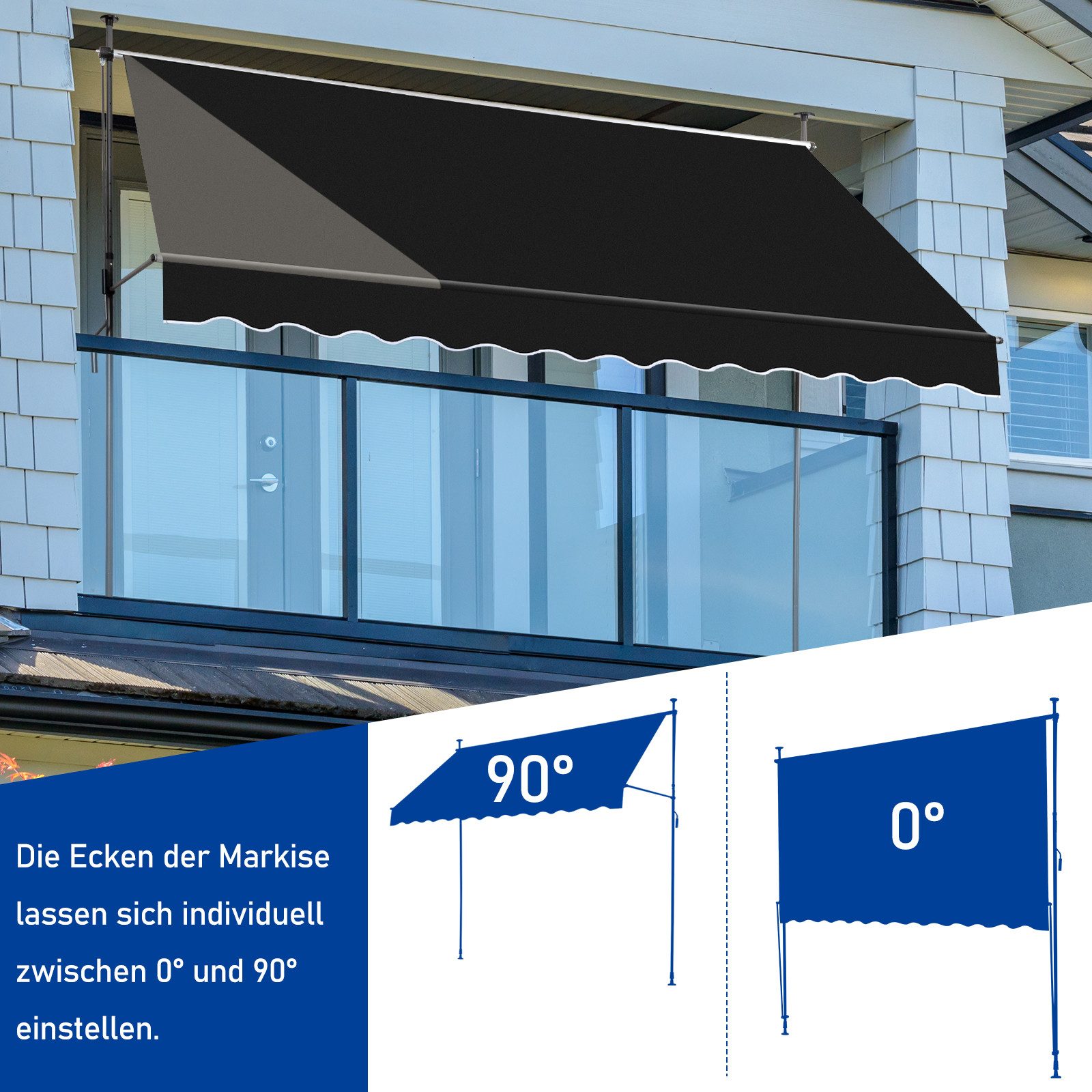 LALAHO Klemmmarkise Balkonmarkise 200/250/300cm Gelenkarm Markise Sonnenmarkise mit Handkurbel höhenverstellbar,Sonnenschutz UV-beständig wasserdicht