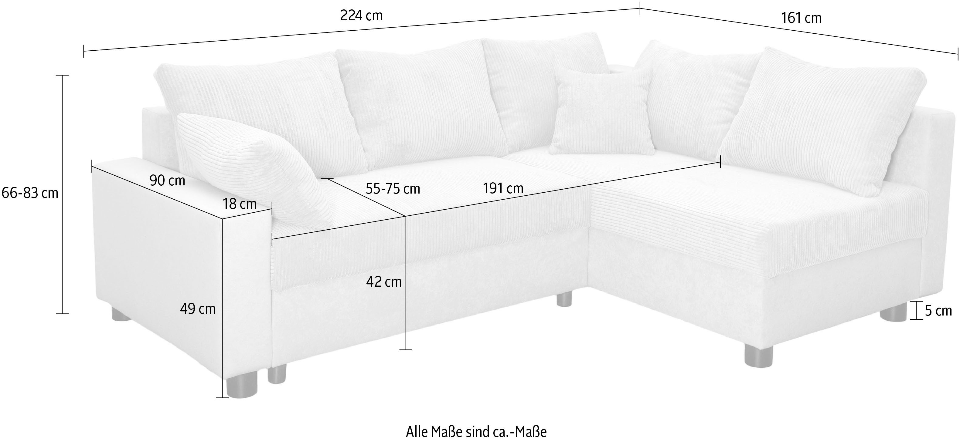 COLLECTION AB Ecksofa Parma L-Form, mit Schlaffunktion und Bettkasten, inklusive Kissen, Bonellfederkern