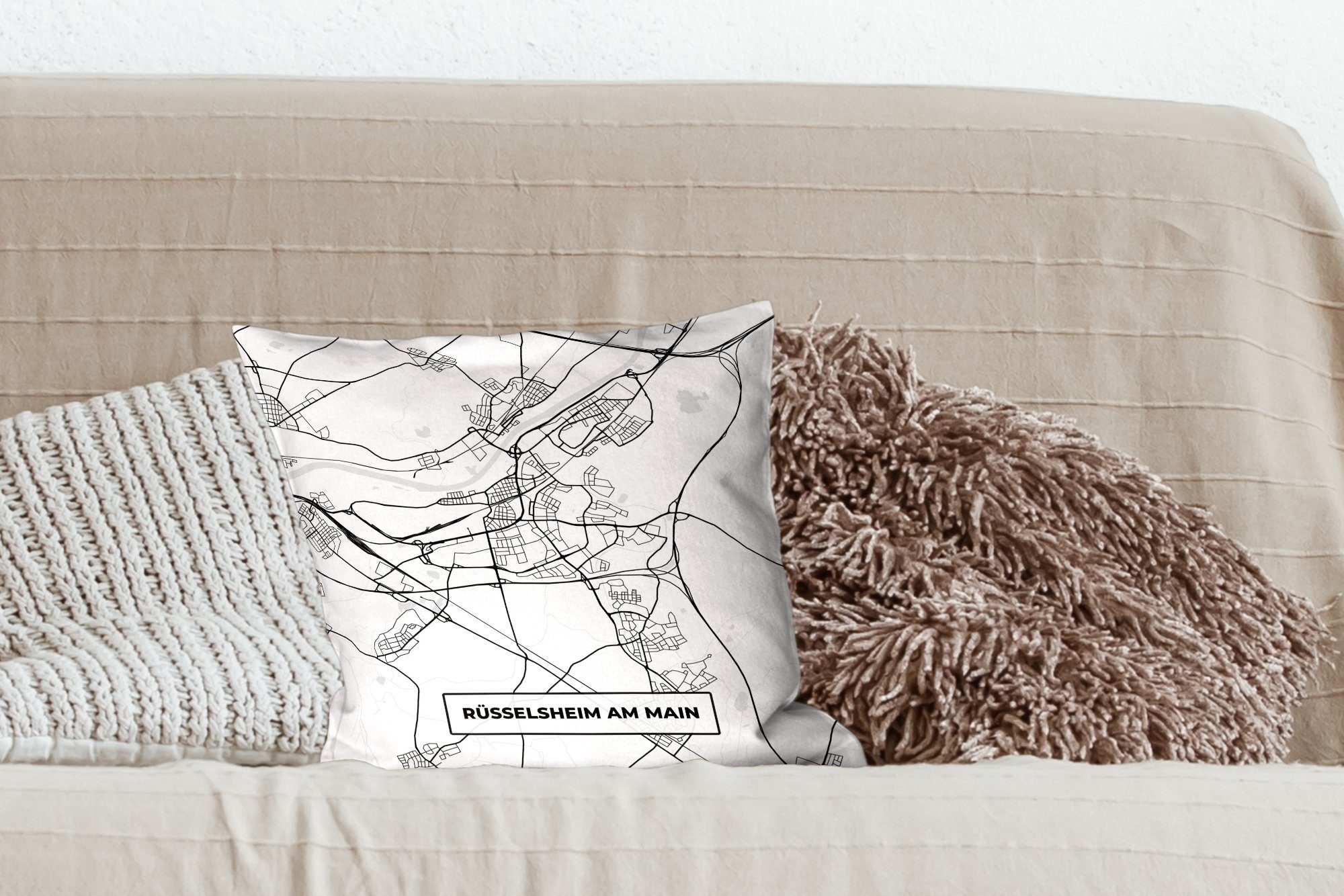 Wohzimmer, Main Sofakissen Stadtplan Rüsselsheim Schlafzimmer, MuchoWow Füllung Karte Zierkissen - - am mit Deko, Wegbeschreibung, - Dekokissen für