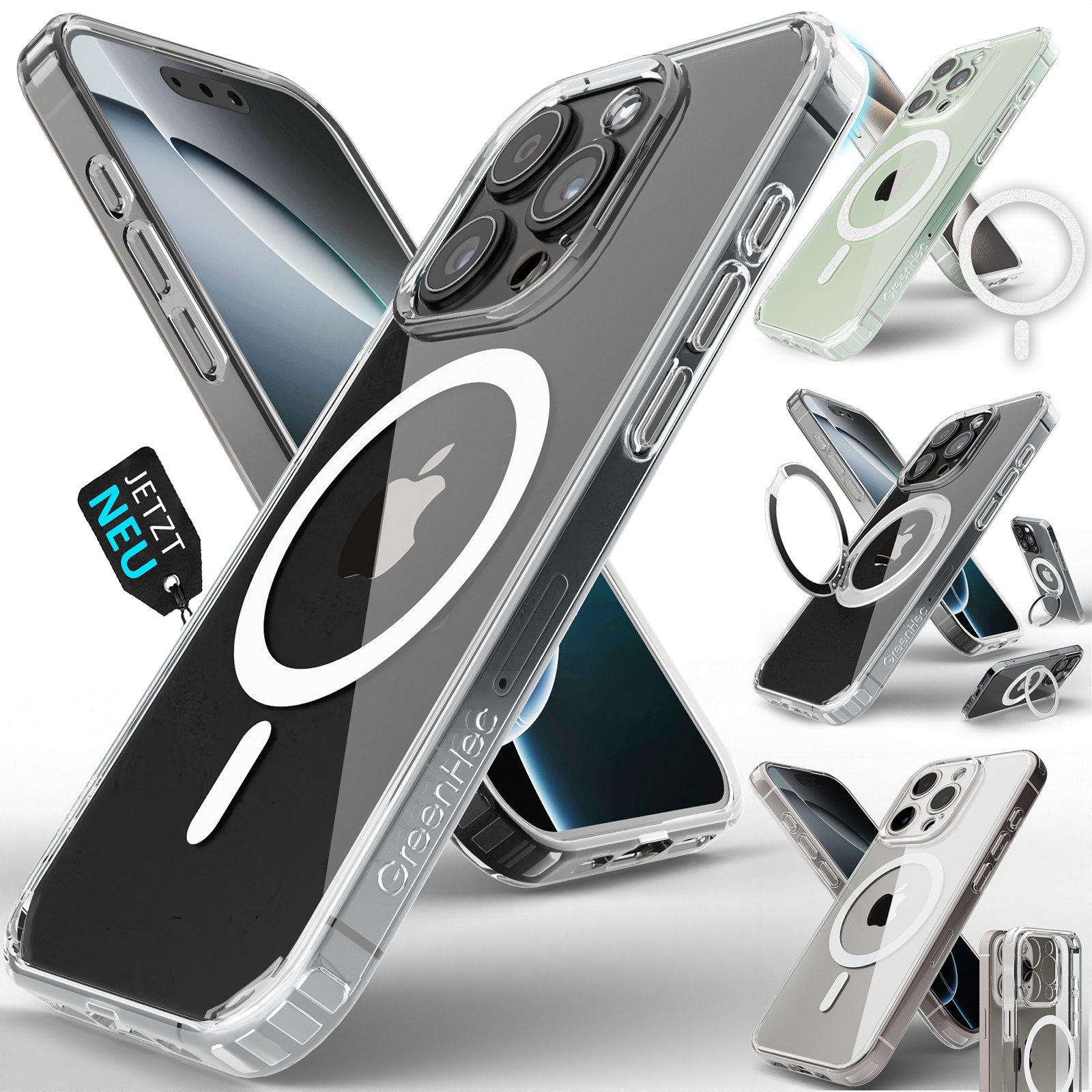 GreenHec Handyhülle iPhone 16 15 14 13 Pro Max Plus Case MagSafe Schutzhülle Durchsichtig 6.1 Zoll, Hülle Transparent Clear Magnet Cover Kameraschutz Bumper Klar Dünn