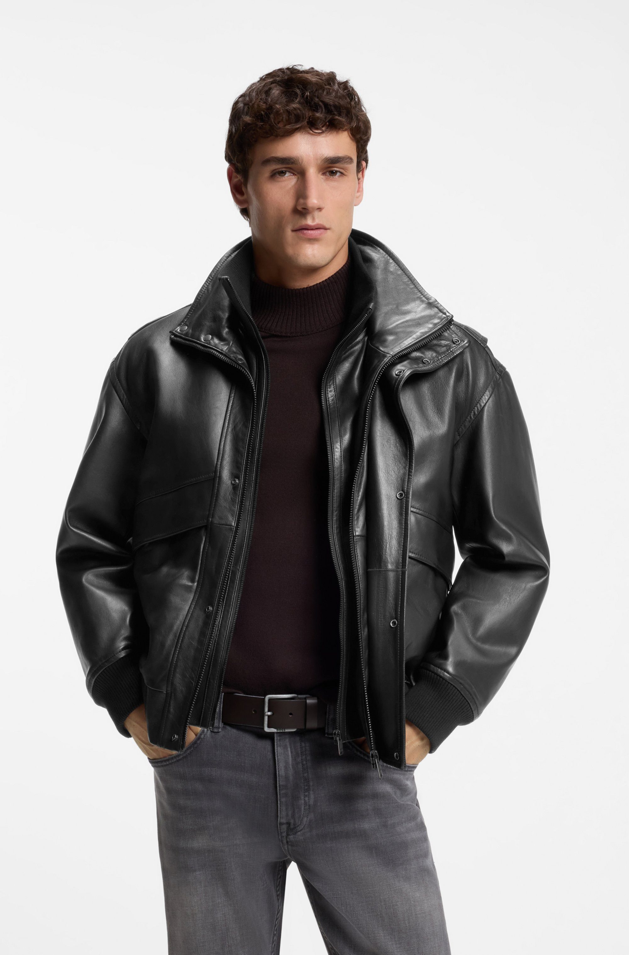 BOSS ORANGE Lederjacke Jolights Weiches, strukturiertes Schafleder, Relaxed Fit, abnehmbares Inlay