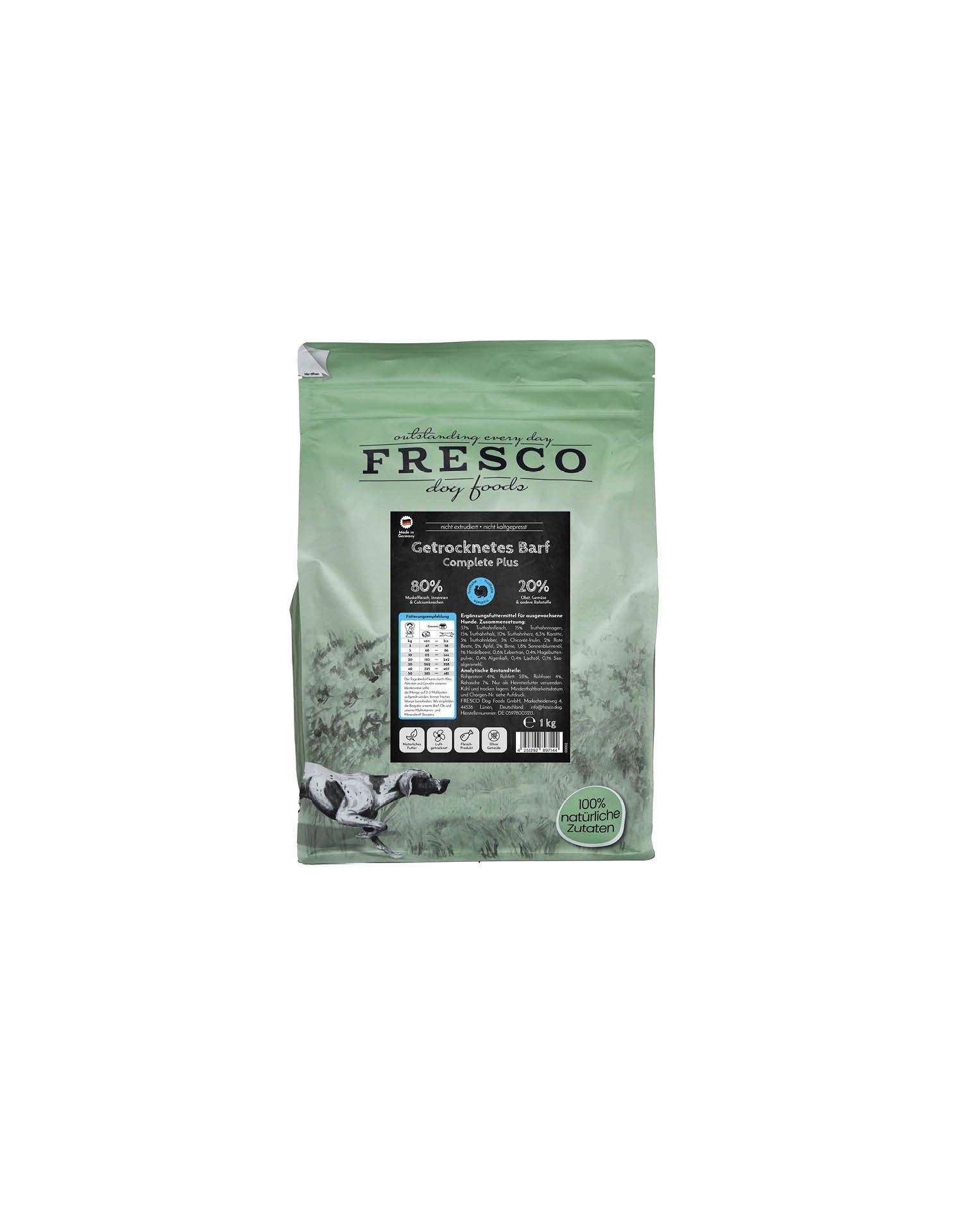 Fresco Dog TrockenBarf Hundefutter Trocken Pute, 1kg / 2,5kg / 5kg, Trockenfutter für: Hunde, Getreidefrei, 80% Frischfleisch & ohne Zusätze