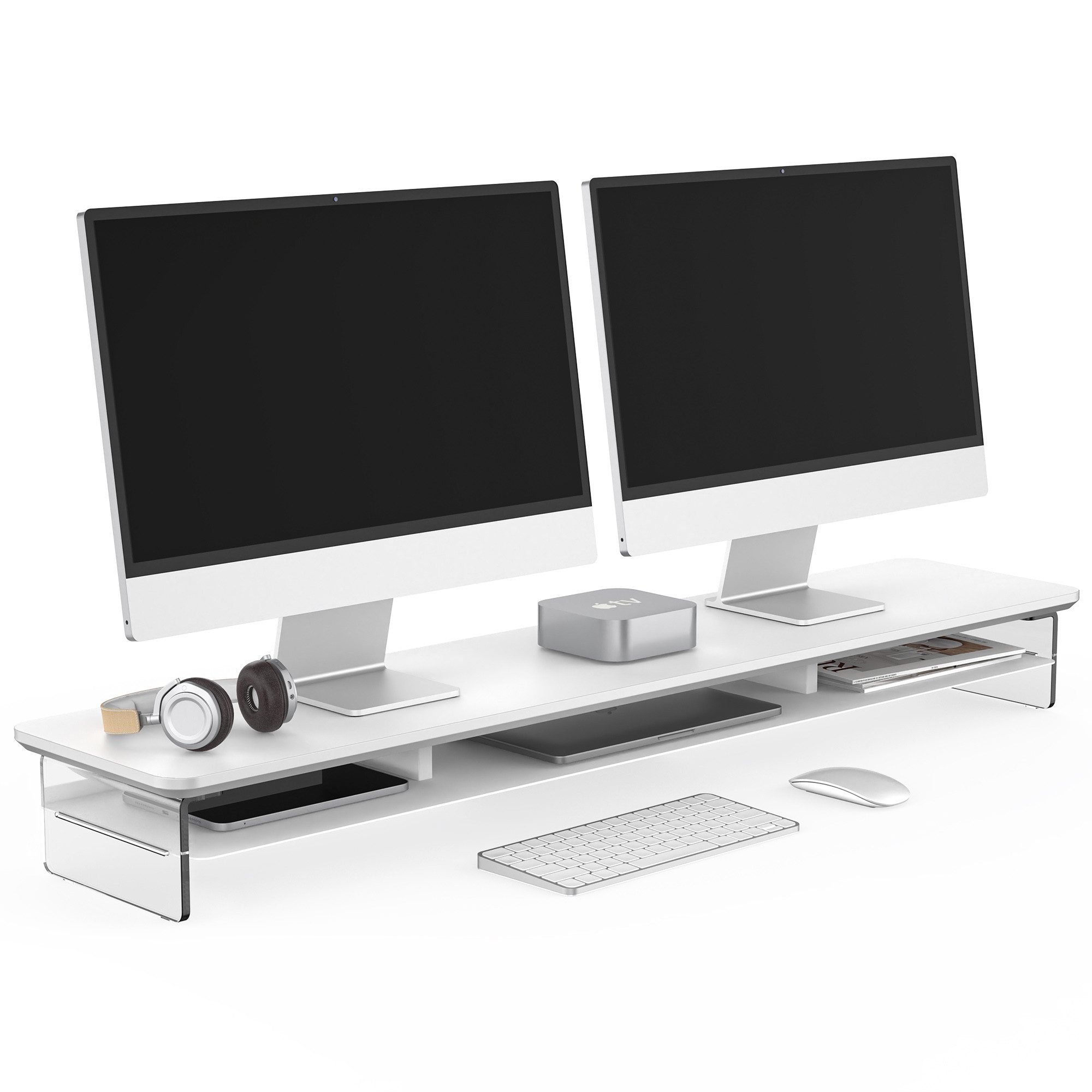 Fenge Monitorständer mit 3 Fächern, 108 cm breit, bis 45 kg belastbar, (mit Acrylbeinen)