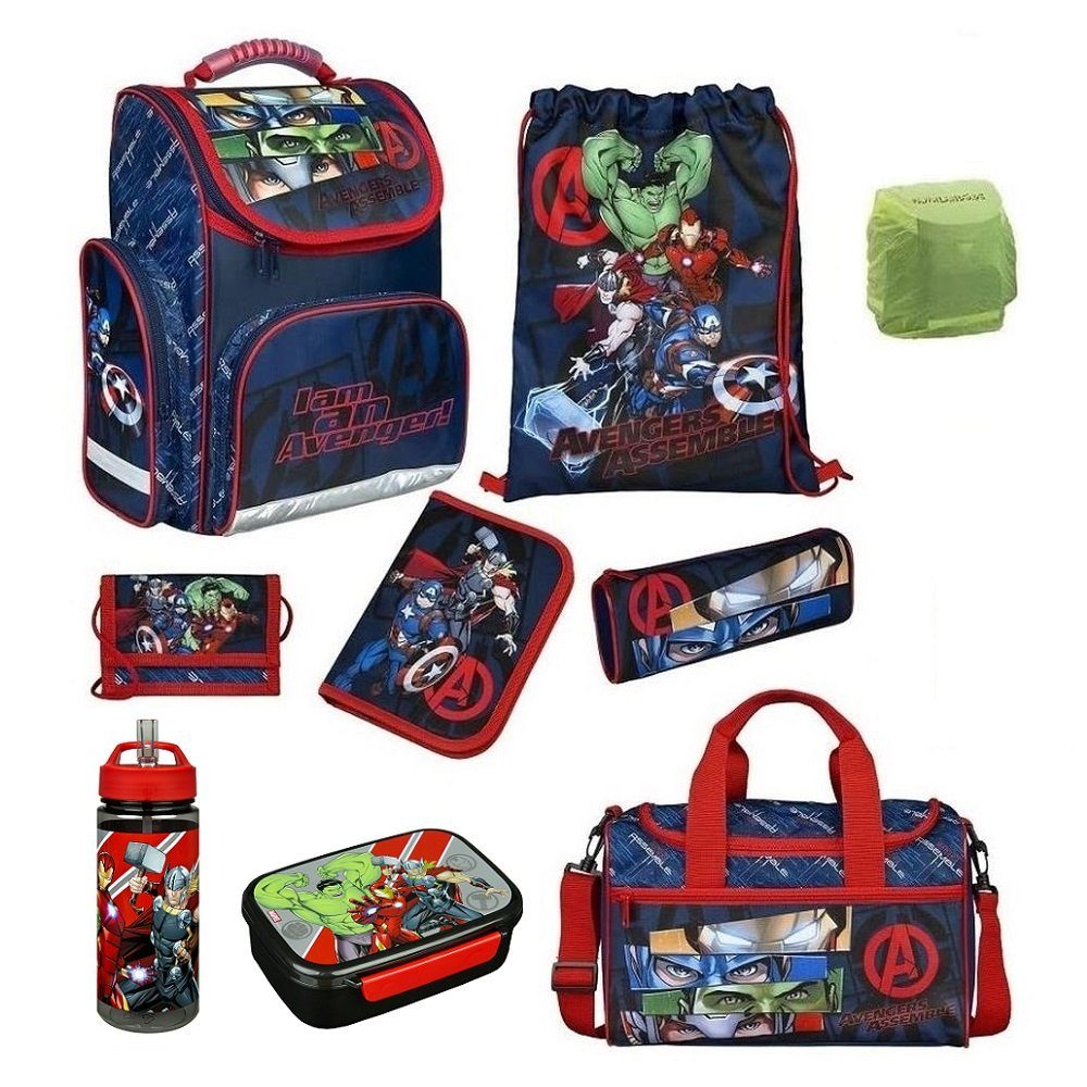 Familando Schulranzen Clou (Set, 9-tlg., inkl. Federmappe und Sporttasche), Marvel AVENGERS Iron Man Hulk Thor Captain America