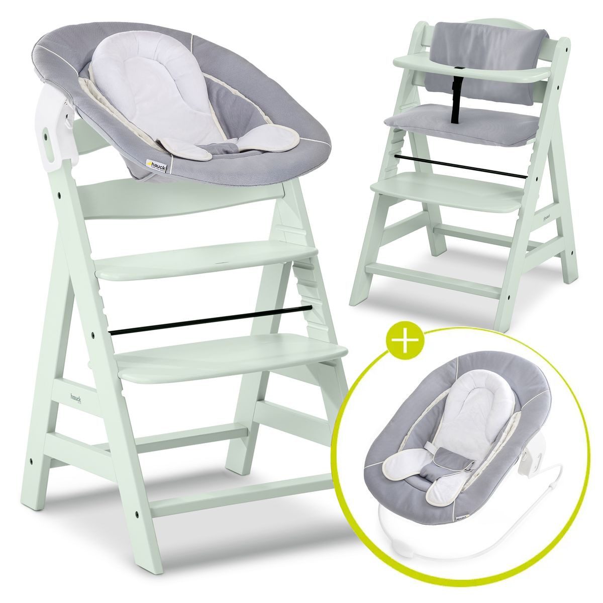Hauck Hochstuhl Alpha Plus Mint Newborn Set - Stretch Grey (Set), Holz Baby günstig online kaufen