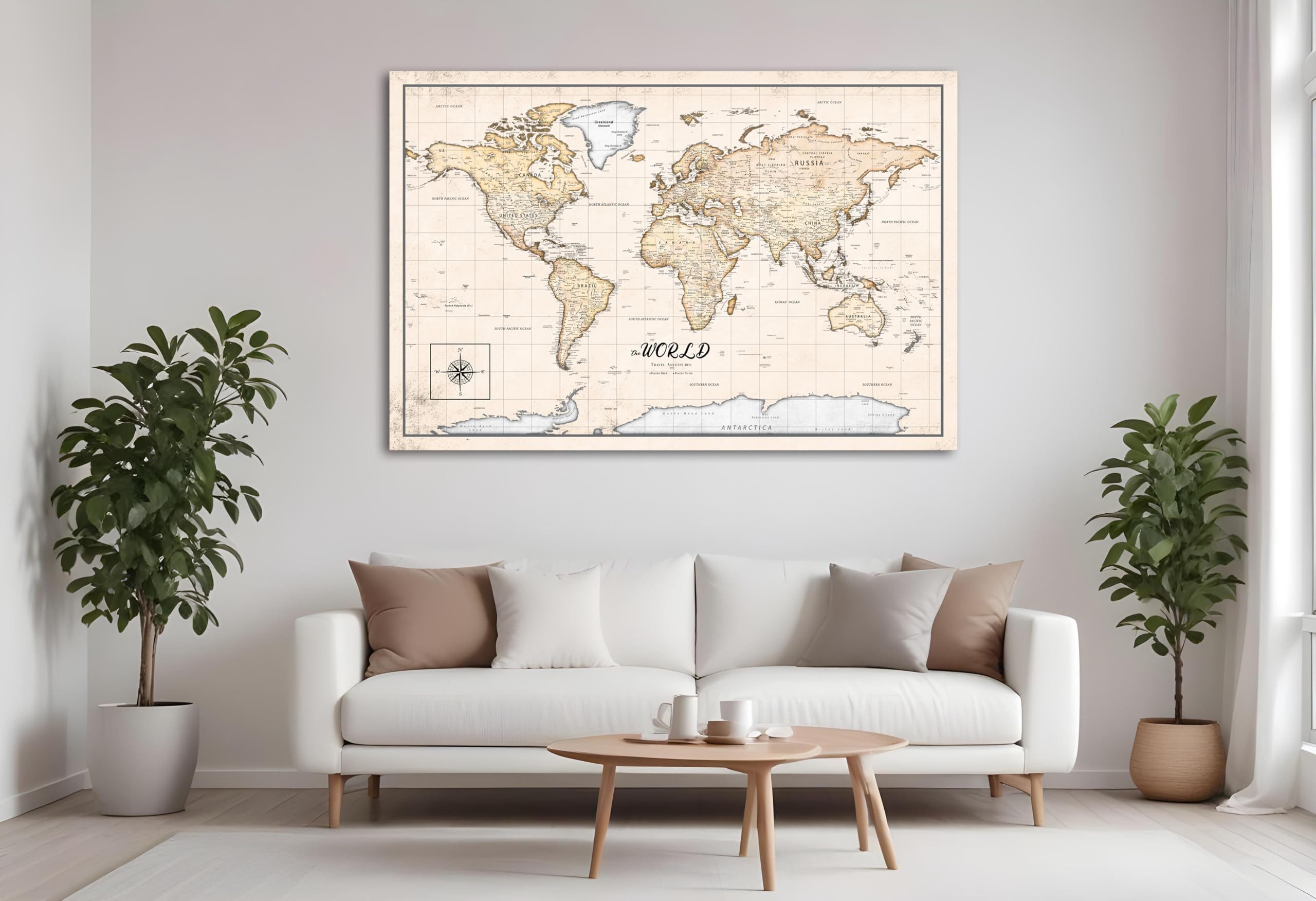 framed concept Leinwandbild als Weltkarte-Pinnwand, pinne Deine Reisen und Erinnerungen, World Map, Englische Beschriftung inkl. 50 goldene Pins – Bild 3 von 5