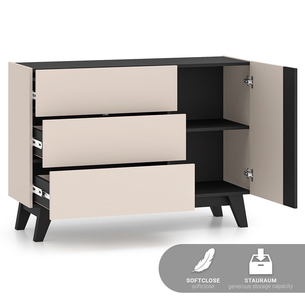 Lomadox Kommode FRIONA-131, kaschmir schwarz modern Möbelfüße 120 cm breit