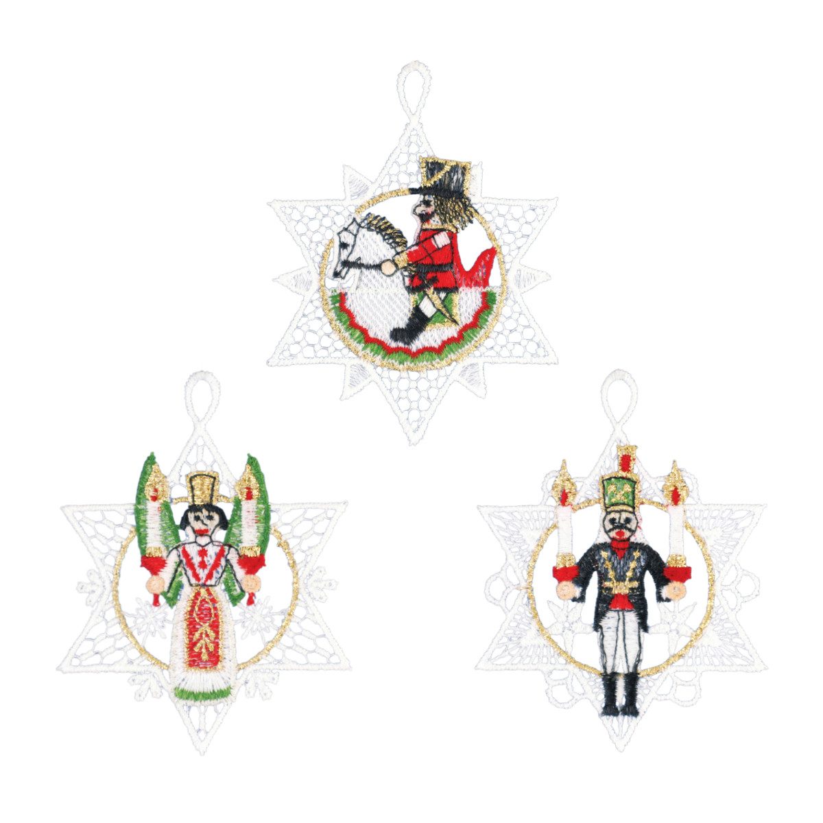 W. Reuter & Sohn - Plauener Spitze® Christbaumschmuck Baumbehang "Erzgebirge", 3er Set, je 8 x 11 cm, Plauener Spitze