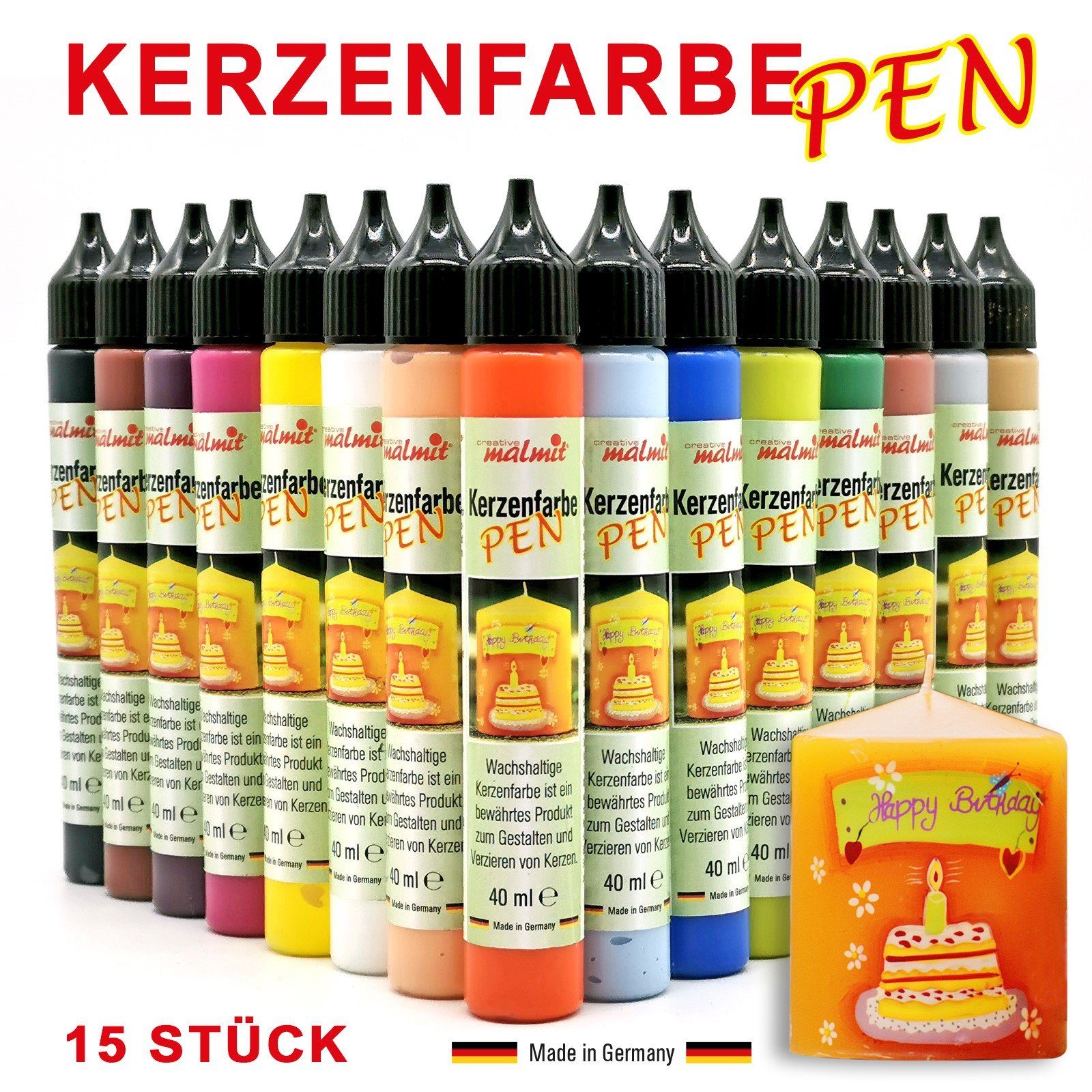 creative malmit® Kerzenmalfarbe Kerzenfarbe 15er Set Kerzenstifte Wachsfarben Flüssigwachs Nr.4