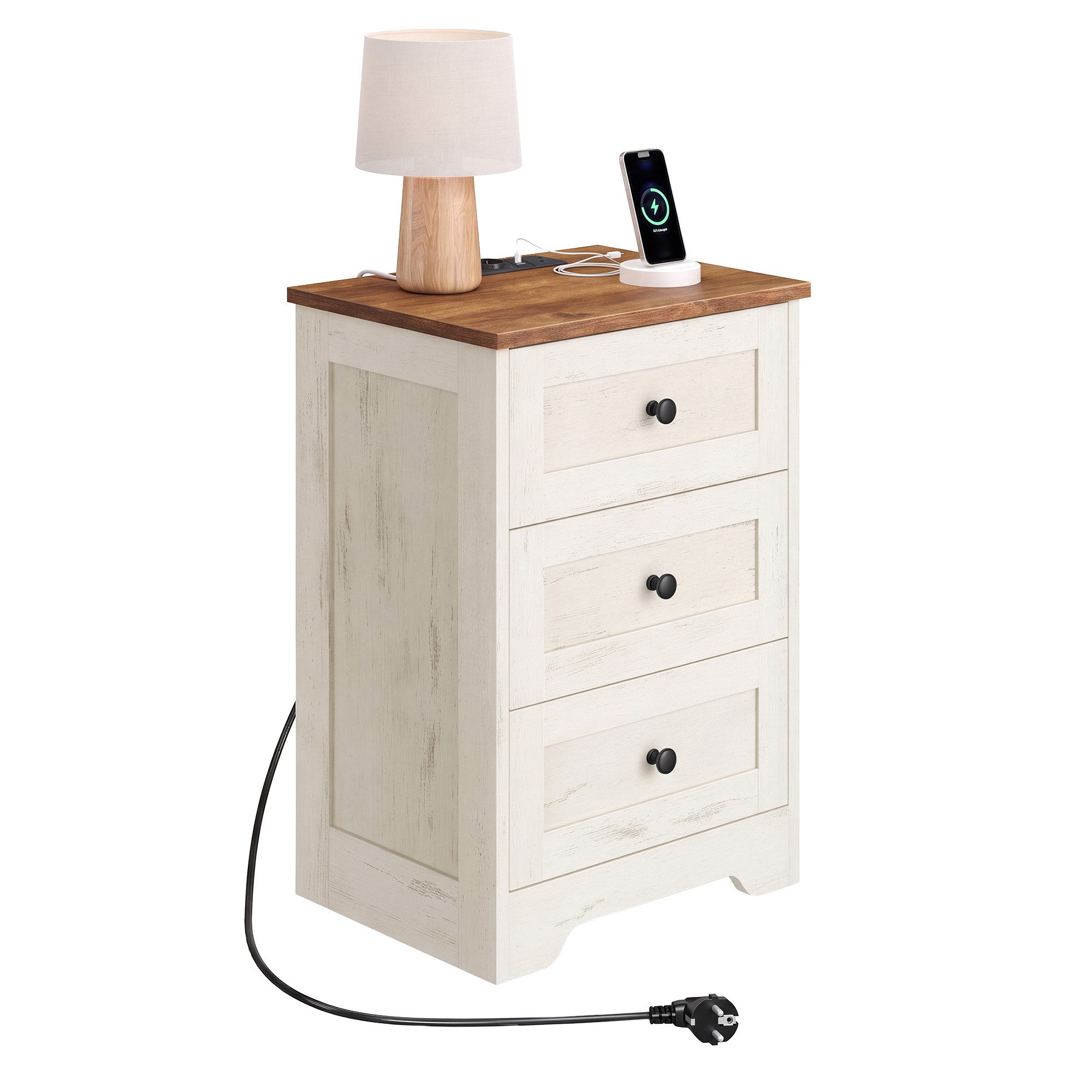 VASAGLE Nachttisch Beistelltisch aus Holzspanplatte, Landhausstil für Schlafzimmer, mit Steckdose, USB-Anschlüssen und Schublade, 40 x 30 x 59 cm