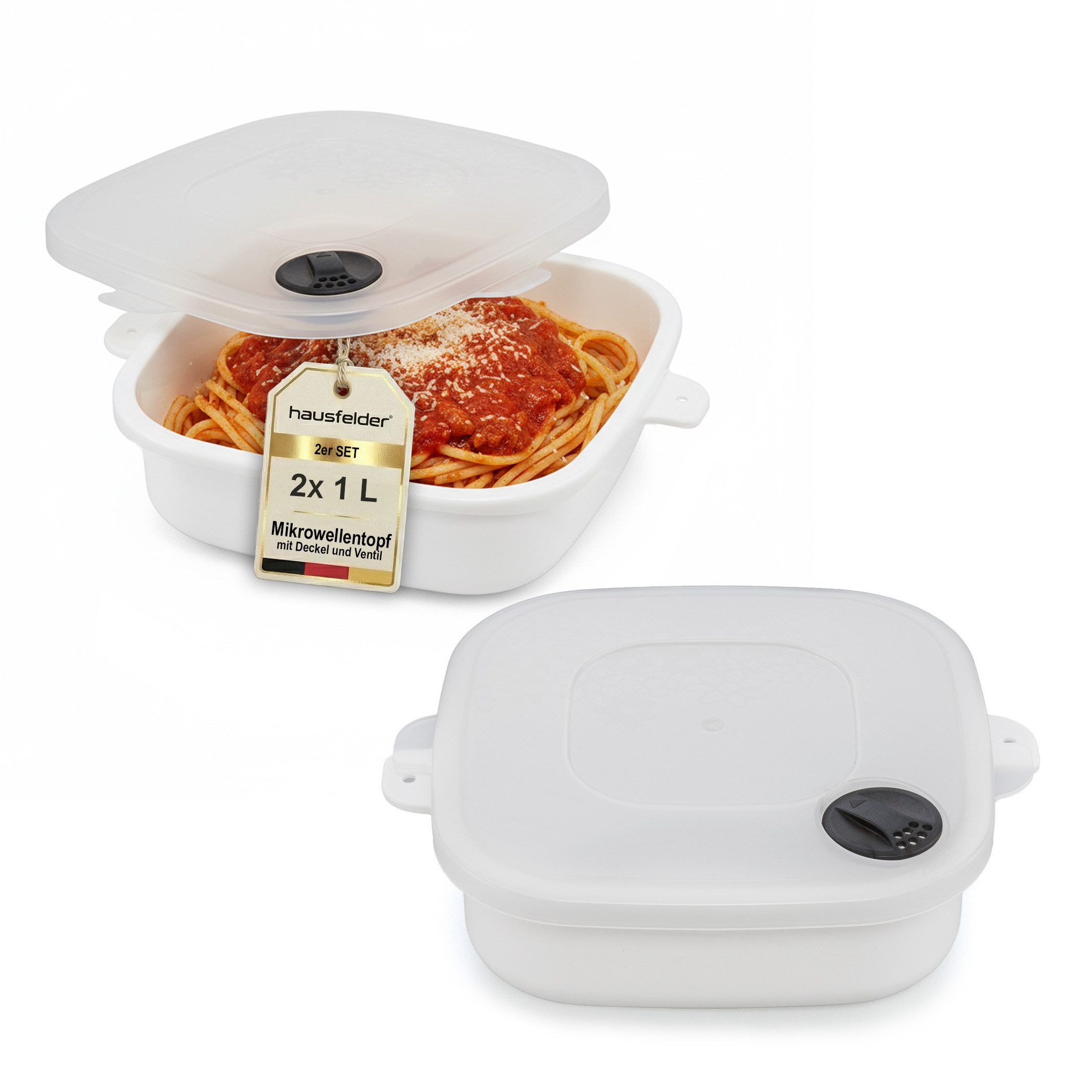 Hausfelder Mikrowellenbehälter Mikrowellentopf 2er Set, 2x 1 Liter, Mikrowellengeschirr mit Deckel, Mikrowellentopf 2 x 1 L, (2er Set, Set), BPA-freier Kunststoff, Dampfventil im Deckel