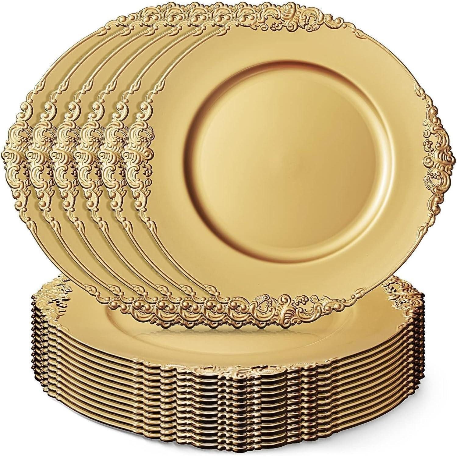 LuxusKollektion Servierteller 12er Set Goldene Platzteller mit geprägtem Rand, 33cm, Kunststoff, für