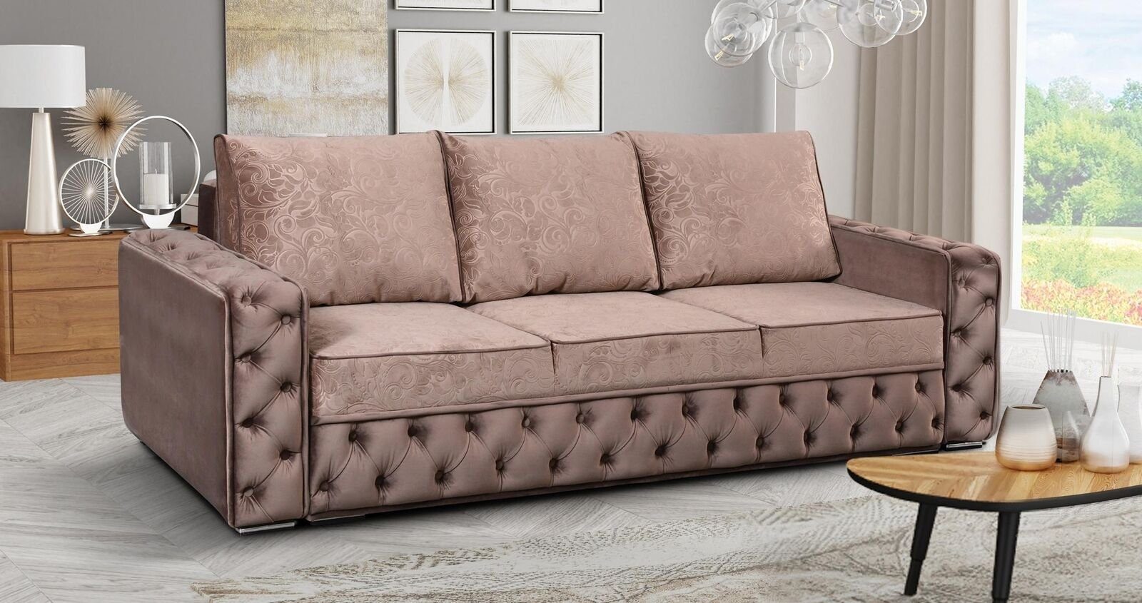 JVmoebel Sofa Chesterfield Design Couchen 4 Sitzplatz Textil Big Sofa Stoff, Made in Europe Rosa