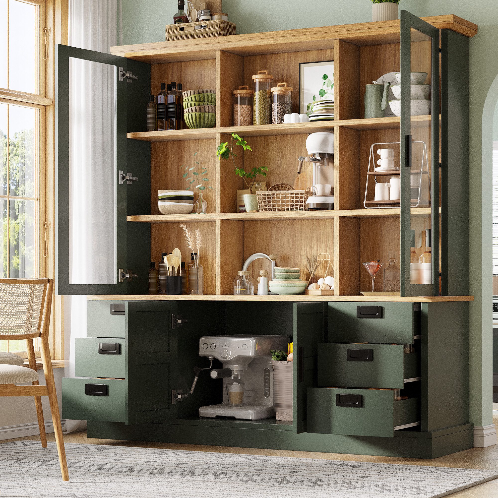 TavilaEcon Hochschrank Hochbuffetschrank mit Glasvitrine, 6 Schubladen & Doppeltüren (1-St) mit Anti-Kipp-Vorrichtung, verstellbare Einlegeböden, Dunkelgrün