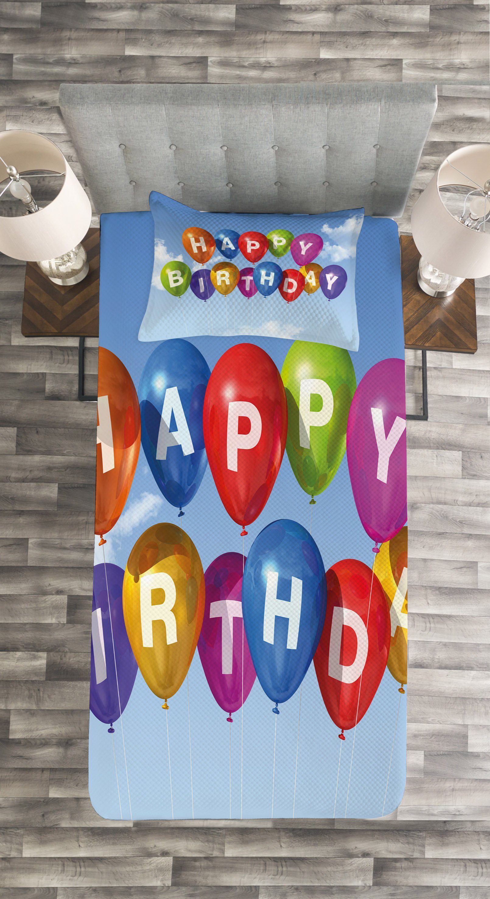 Geburtstag Luftballons mit Sky Tagesdecke Letters Set Kissenbezügen Abakuhaus, Waschbar,