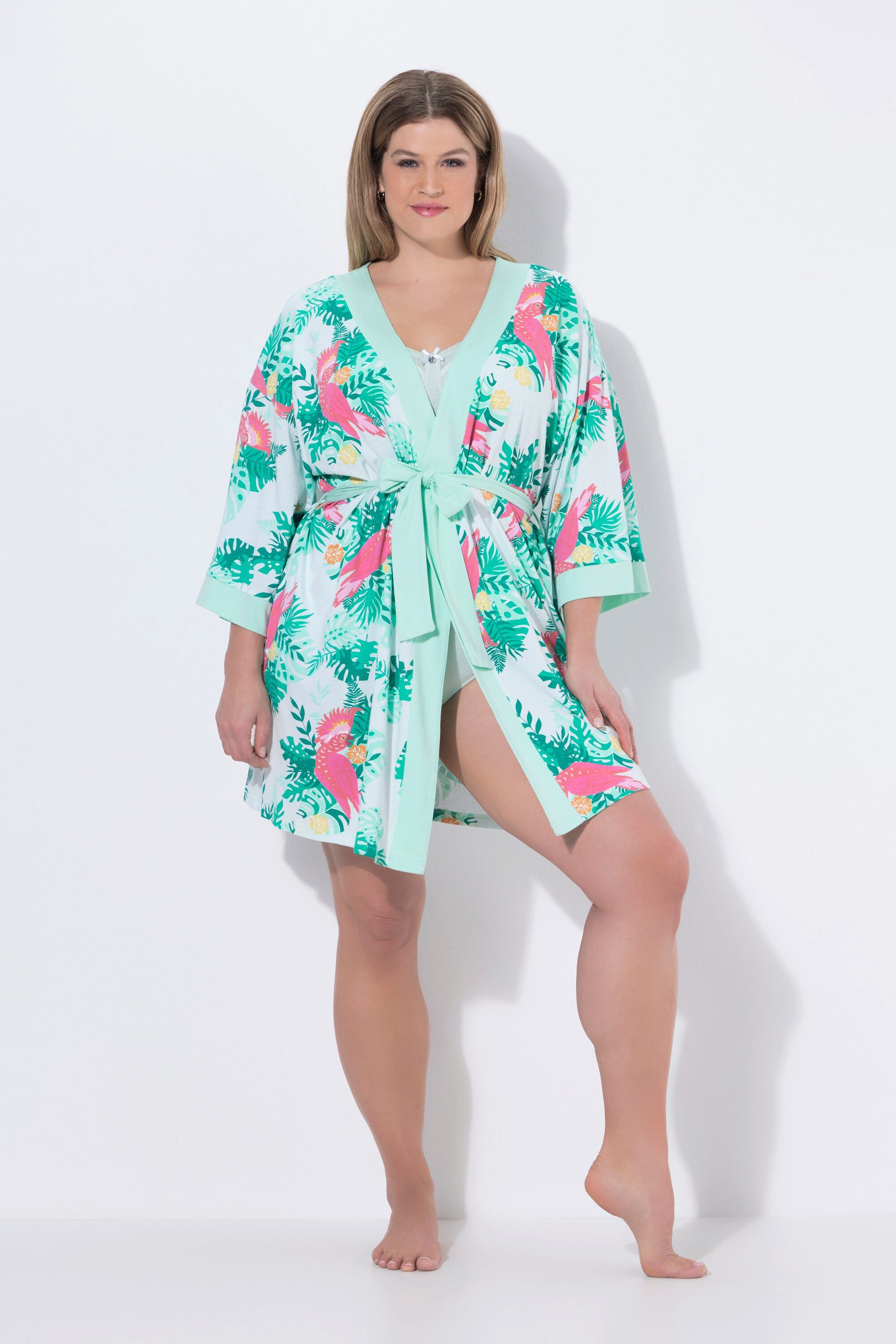 Ulla Popken Bademantel Kimono, ca. Mitte Oberschenkel, Materialmix