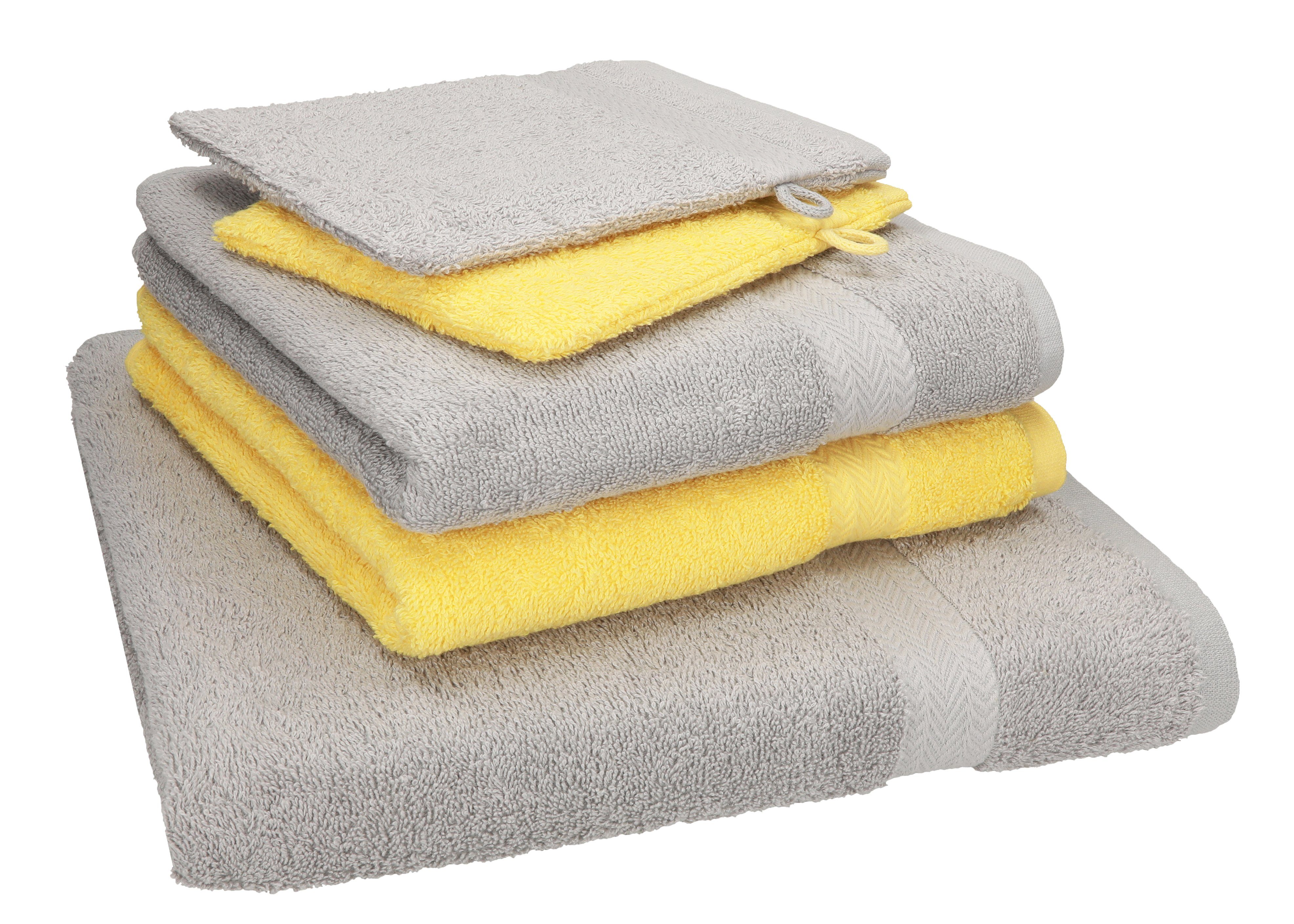 Betz Handtuch Waschhandschuhe, Baumwolle Set Duschtuch Single 5 100% Pack TLG. 100% Set Handtücher 1 2 Baumwolle silbergrau-gelb 2 Handtuch