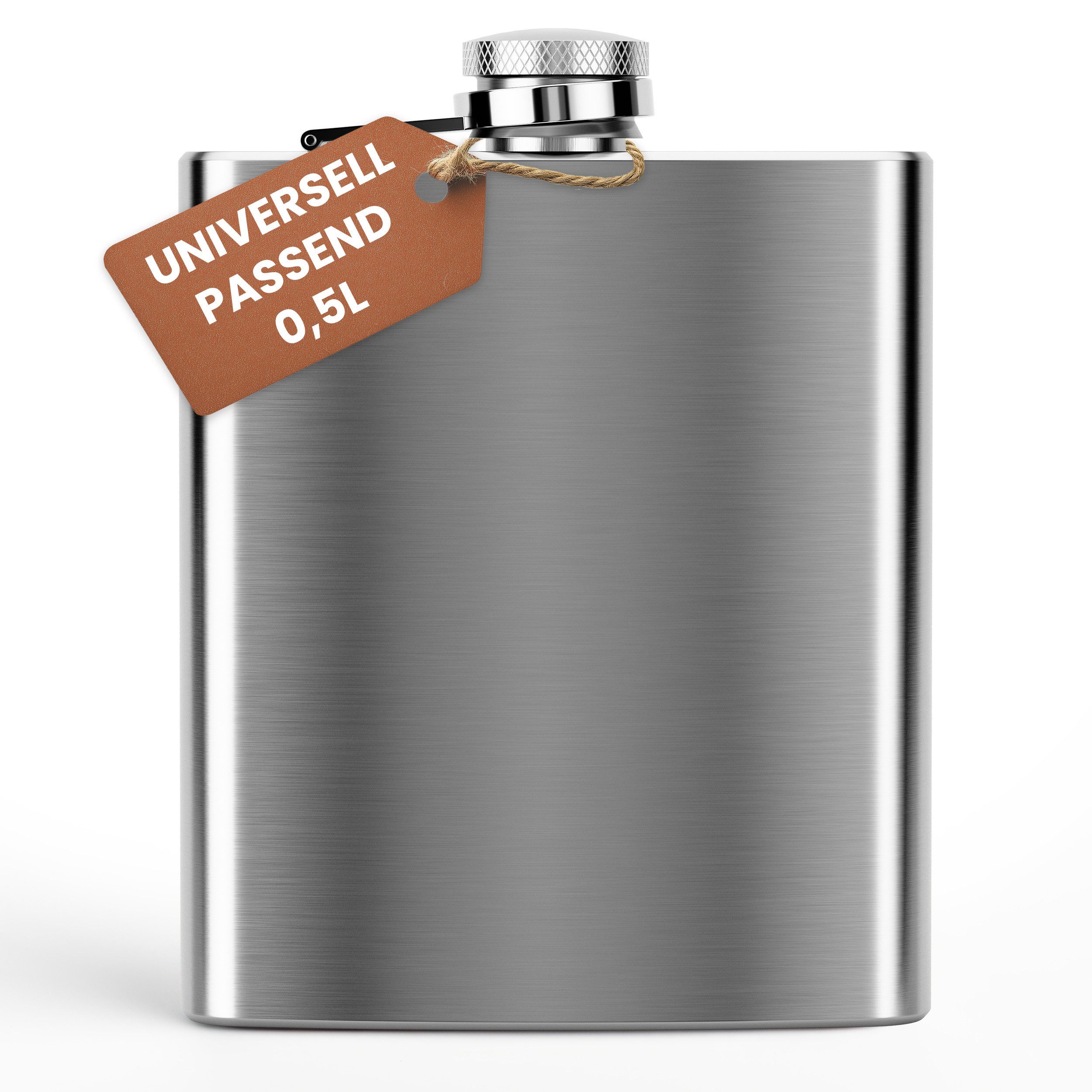 Oramics Flachmann 0,5L Flachmann Trinkflasche Edelstahl Silber 500ml auslaufsicher, Deckel ist fest am Flachmann, somit geht er nicht verloren
