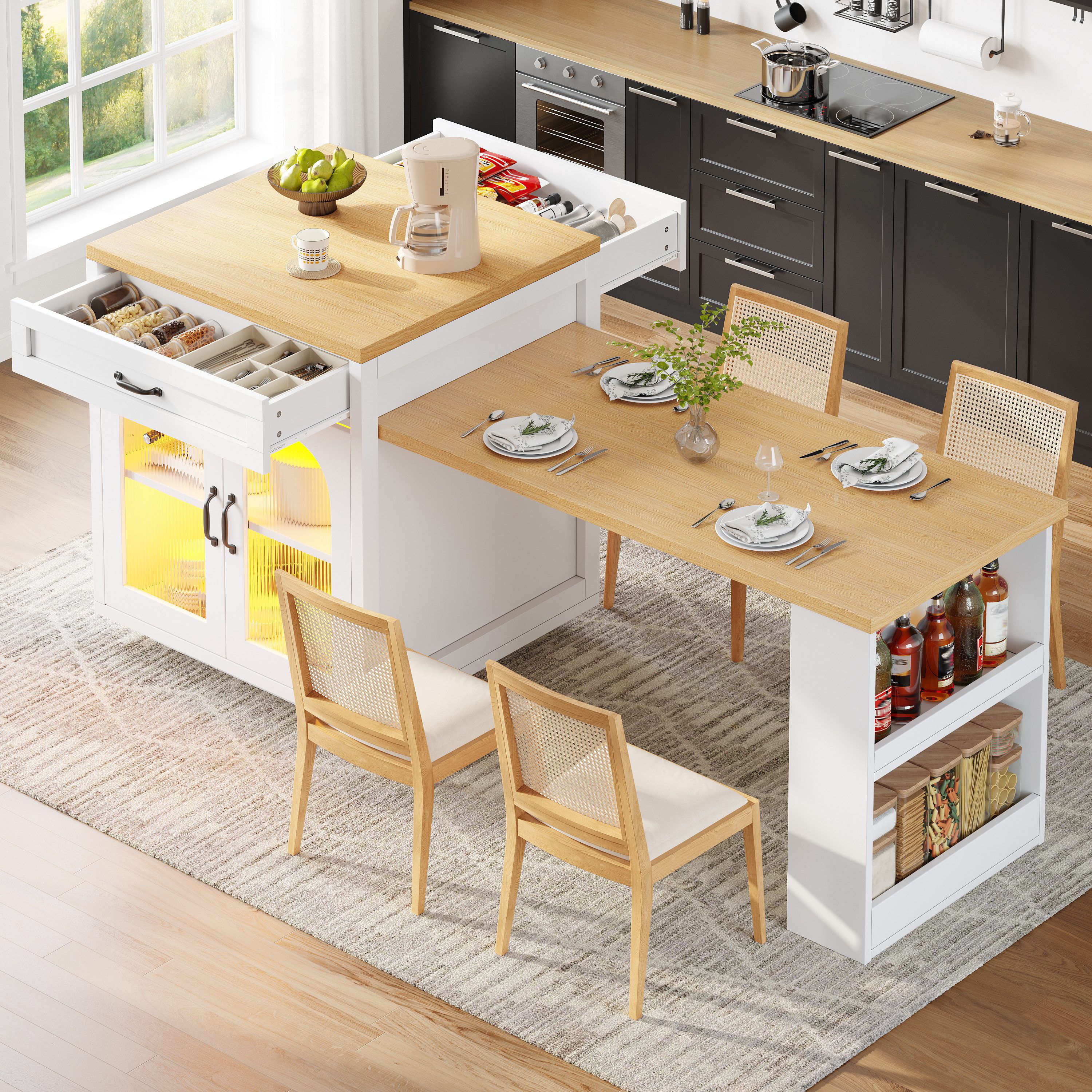 STILVORA Sideboard Kücheninsel Bartisch Ausziehbare Küchenschrank mit LED (Kücheninsel ausziehbar mit LED, ausziehbar, LED RGB (APP), mit 2 Schubladen & Stauraum, bis 60 kg), 80×94 cm, Tischplatte 126–196 cm, MDF+Glas