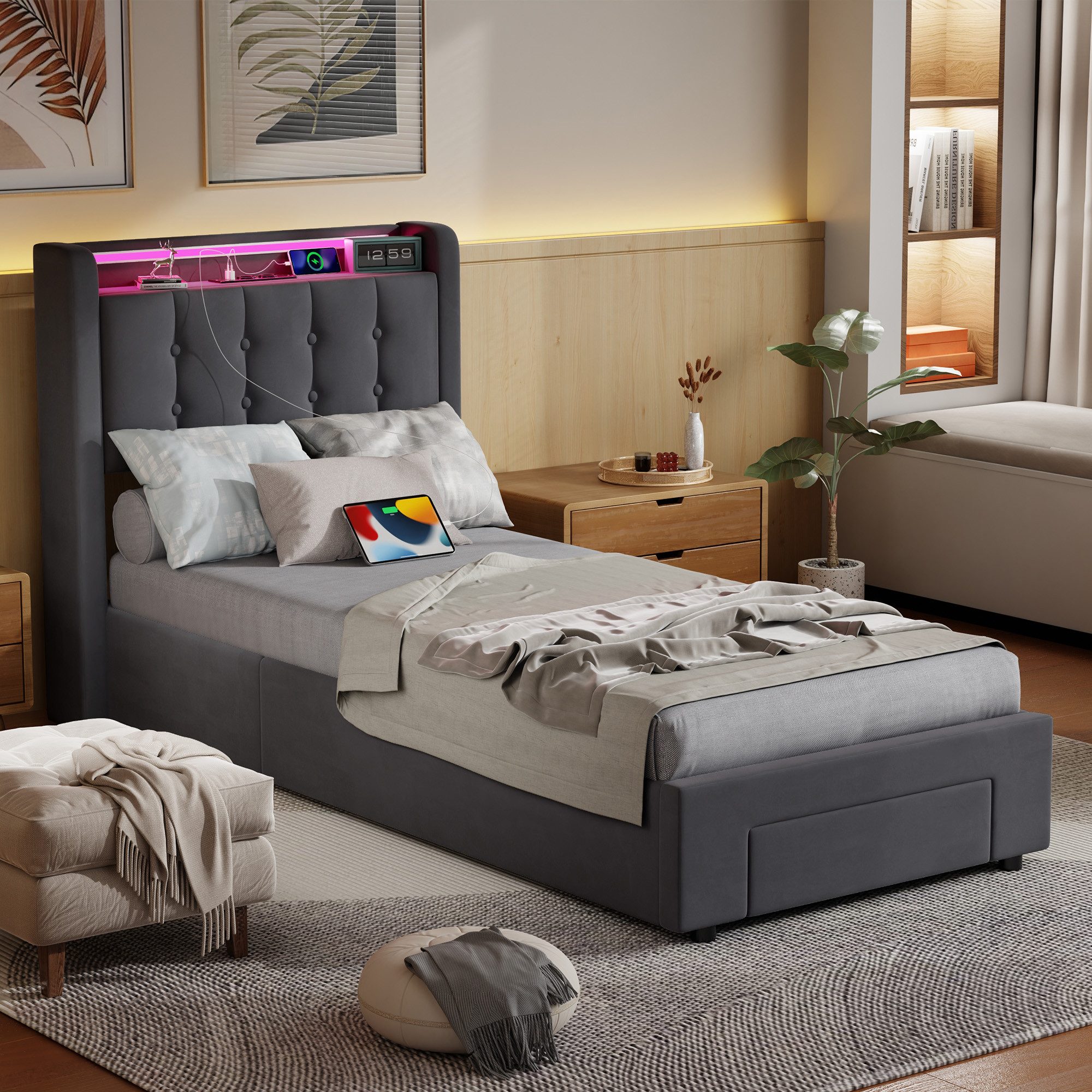 HAUSS SPOLE Polsterbett 90×200 mit bettkasten und Steckdosen Boxspringbett günstig online kaufen