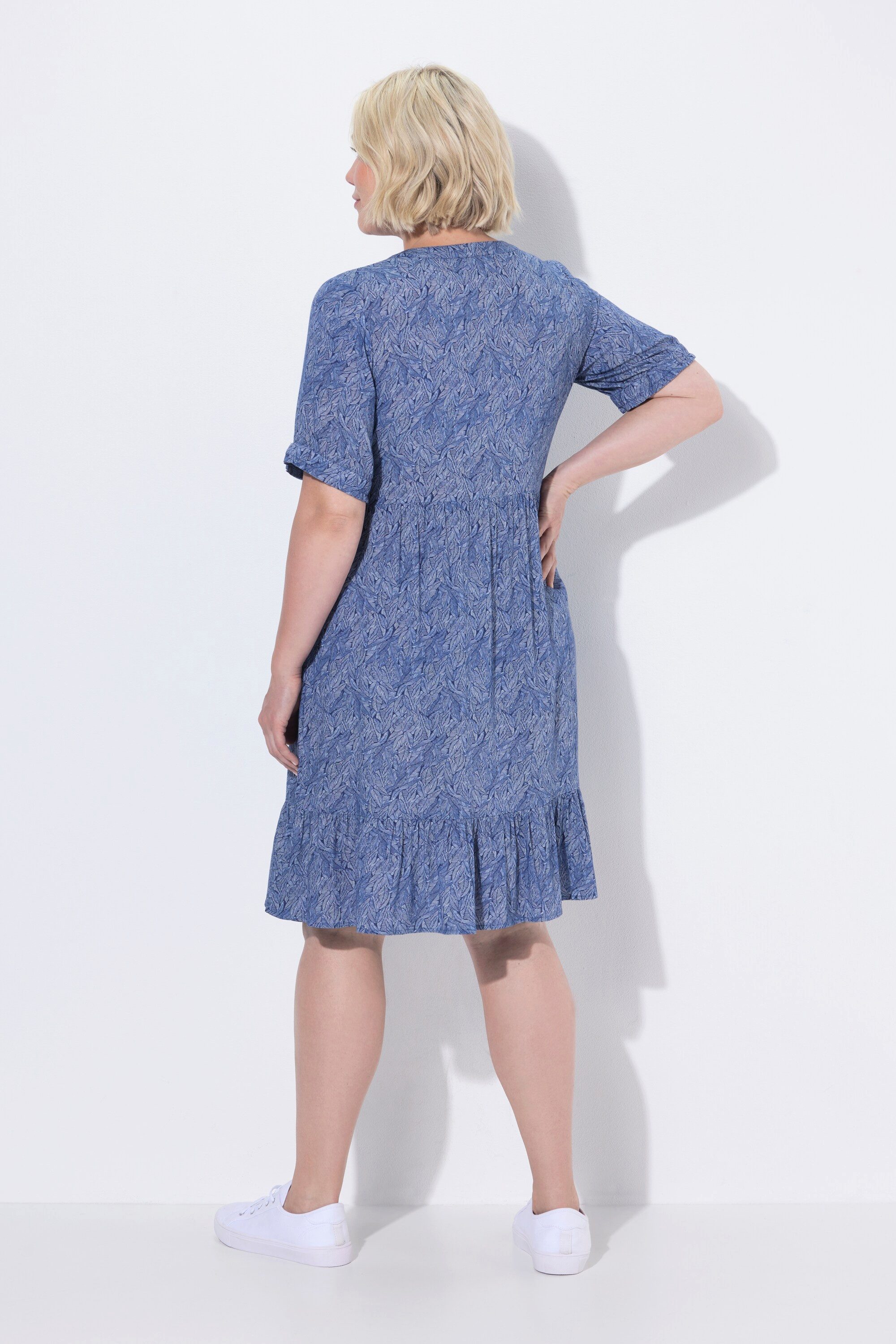 Ulla Popken Jerseykleid Kleid Blätter A-Linie Tunika-Ausschnitt Halbarm