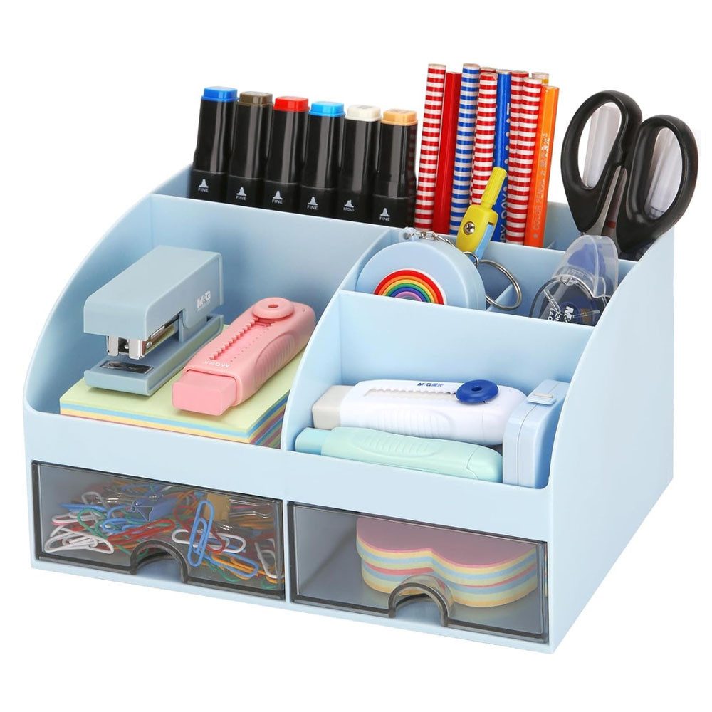 TUWENA Schreibtisch Schreibtisch Organizer Stiftehalter Stifte Organise mit 2 Schubladen, Multifunktionaler Stifteköcher für Büro Zuhause Schule Kinder 8 Fächer