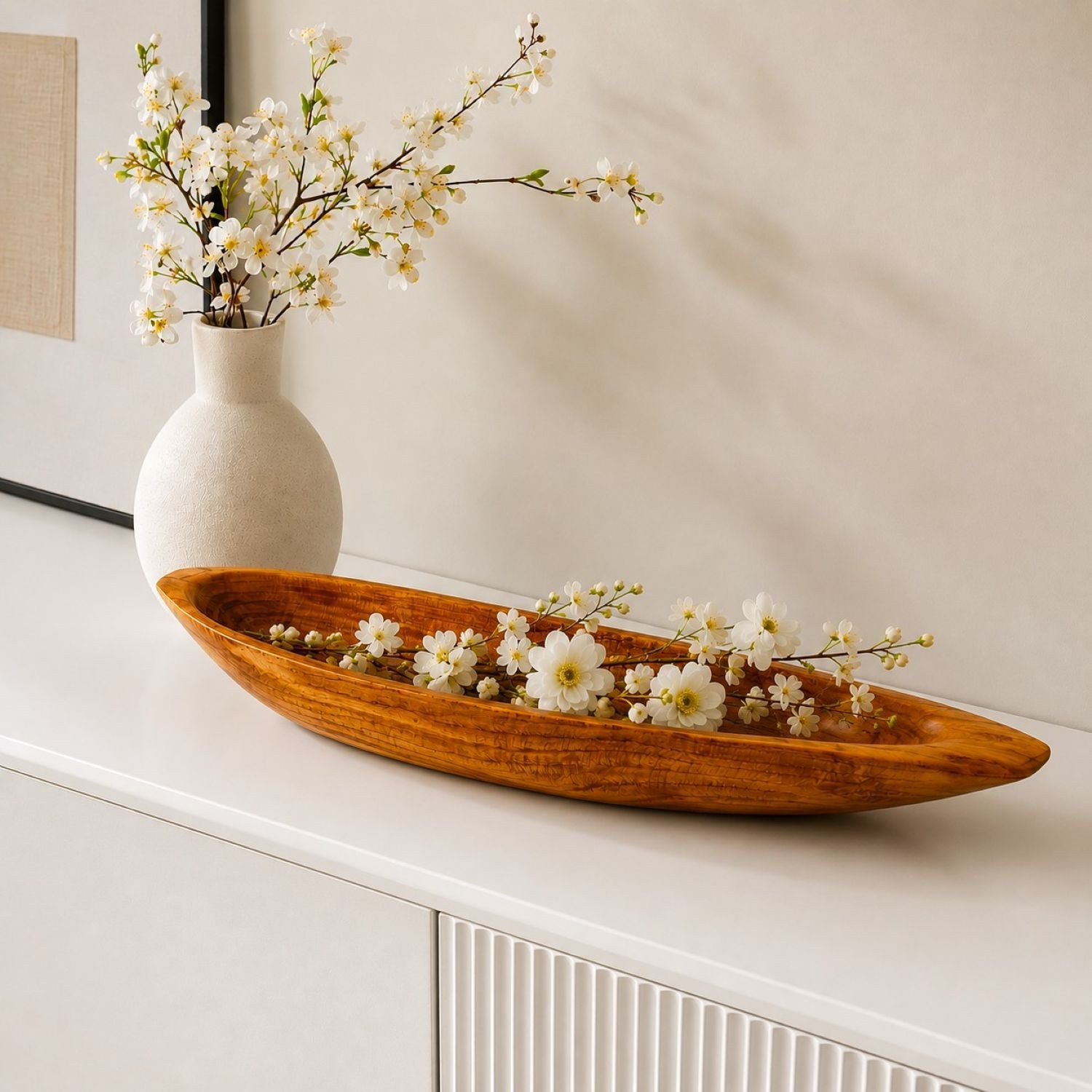 Online-Fuchs Dekoschale Schiffchen aus Holz - Tablett für Wohnzimmer, Badezimmer oder Küche (aus Paulownia Holz, lebensmittelecht behandelt), natürliche Maserung mit einer warmen Holzfarbe