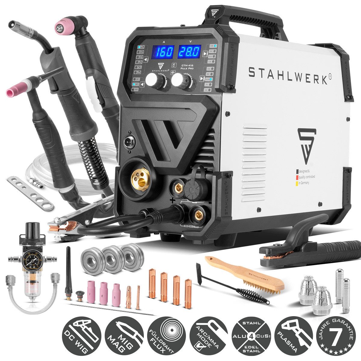 STAHLWERK Inverterschweißgerät Kombi-Schweißgerät CTM-416 Puls Pro 6-in-1 Schutzgas, 20 - 160 A, Packung}, 21-tlg., Einzelgerät, Schweißgerät, Inverter mit 160A, synergischem Drahtvorschub