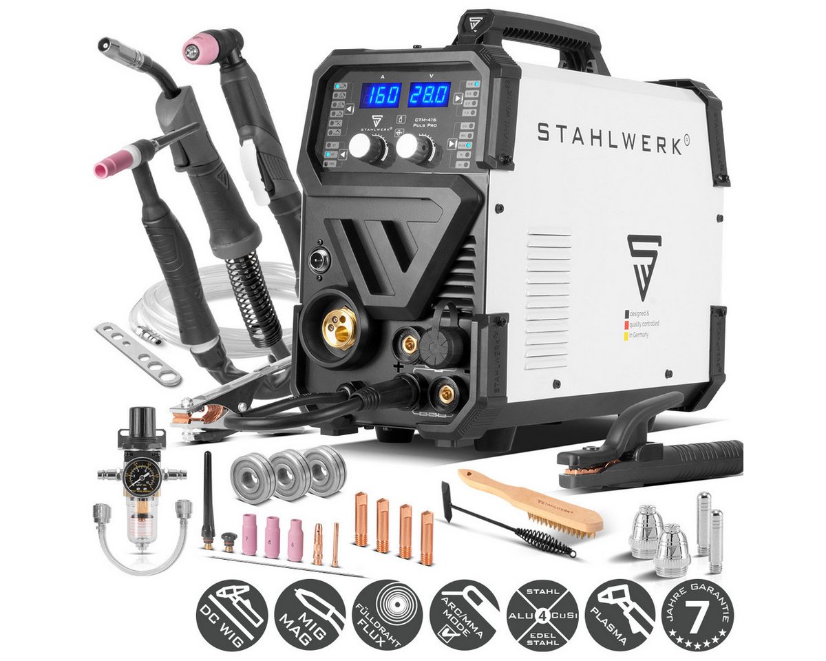 STAHLWERK Inverterschweißgerät Kombi-Schweißgerät CTM-416 Puls Pro 6-in-1 Schutzgas, 20 - 160 A, Packung}, 21-tlg., Einzelgerät, Schweißgerät, Inverter mit 160A, synergischem Drahtvorschub