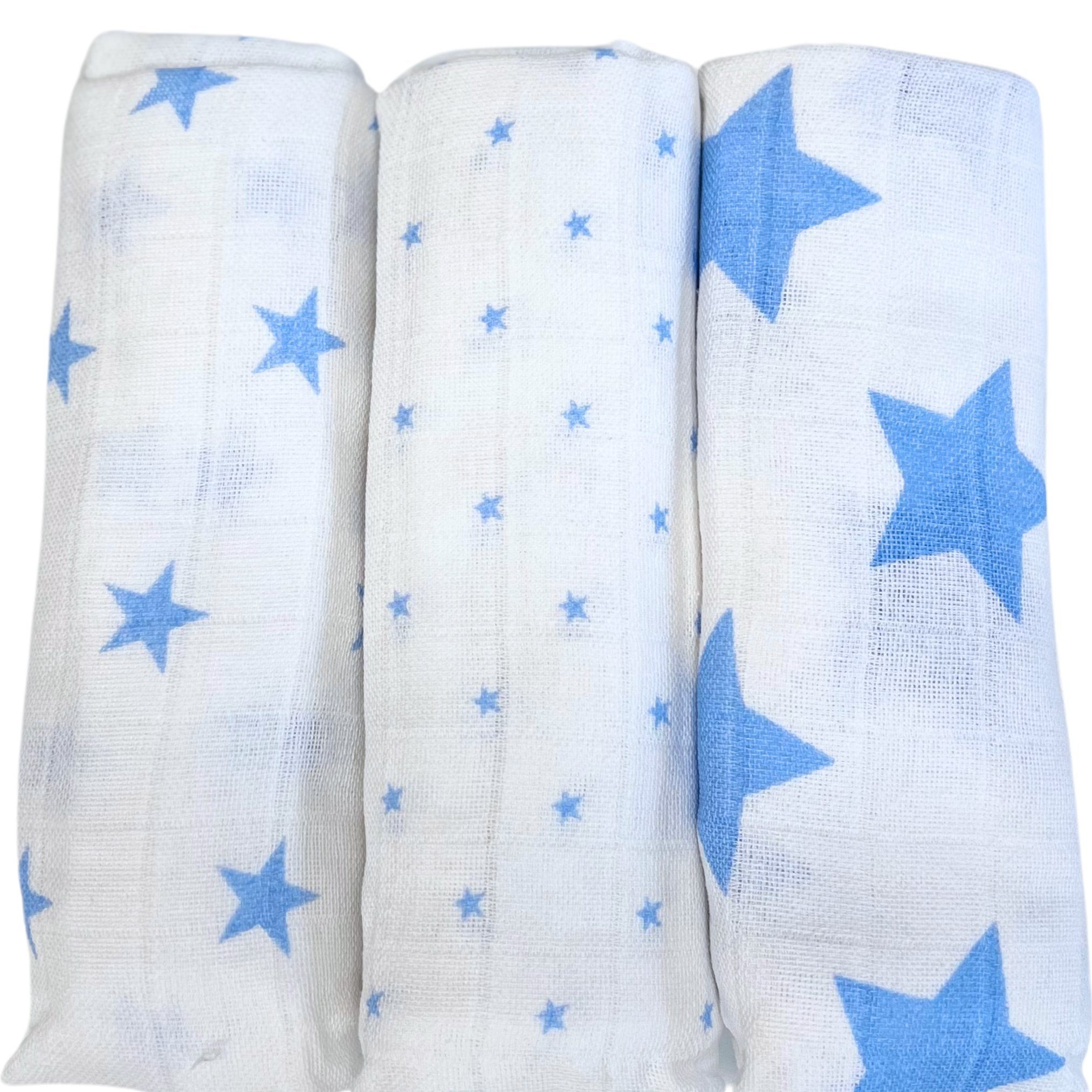 Babymajawelt Stoffwindeln Baby Mullwindeln besonders Set, Sterne, Premium Packung), (Starter 3er Pack, in Made blau hautfreundlich und 80x80 cm atmungsaktiv Europe, Spucktücher 3-St., "Stars"