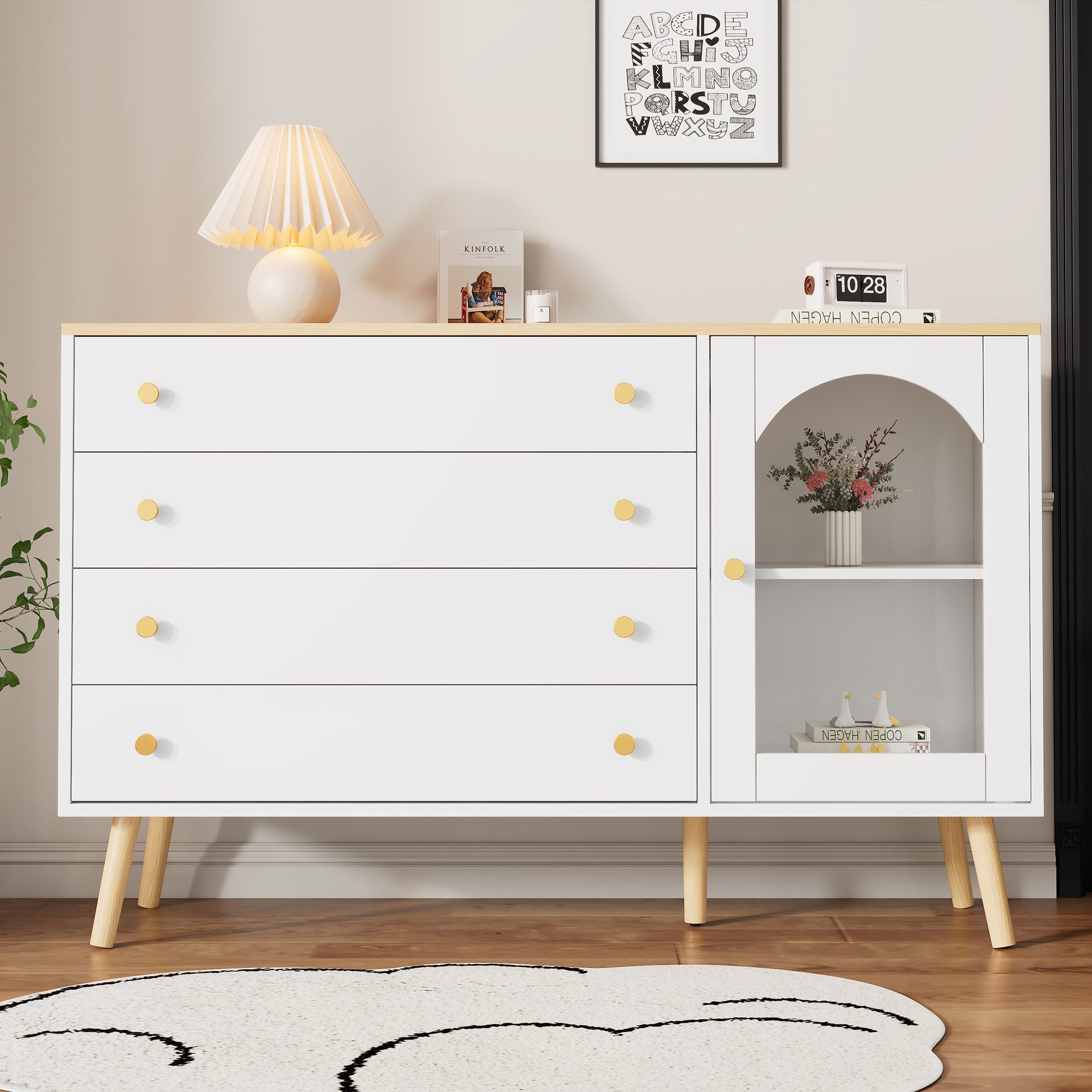 Tresenkommode Esszimmerschrank mit 4 Schubladen und 1 gewölbten Türen