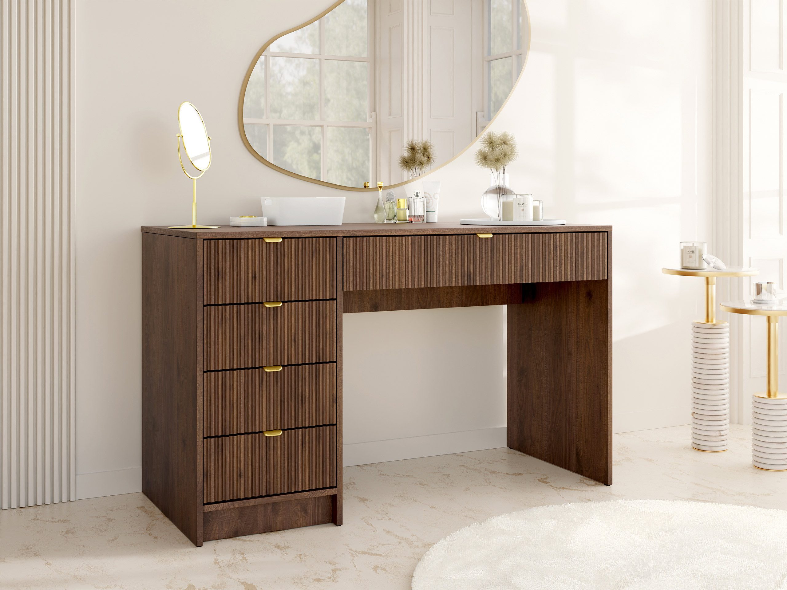 MIRJAN24 Schminktisch Tireno (5-Schubladen), Aluminiumgriffe in der Farbe Gold, Schreibtisch universell