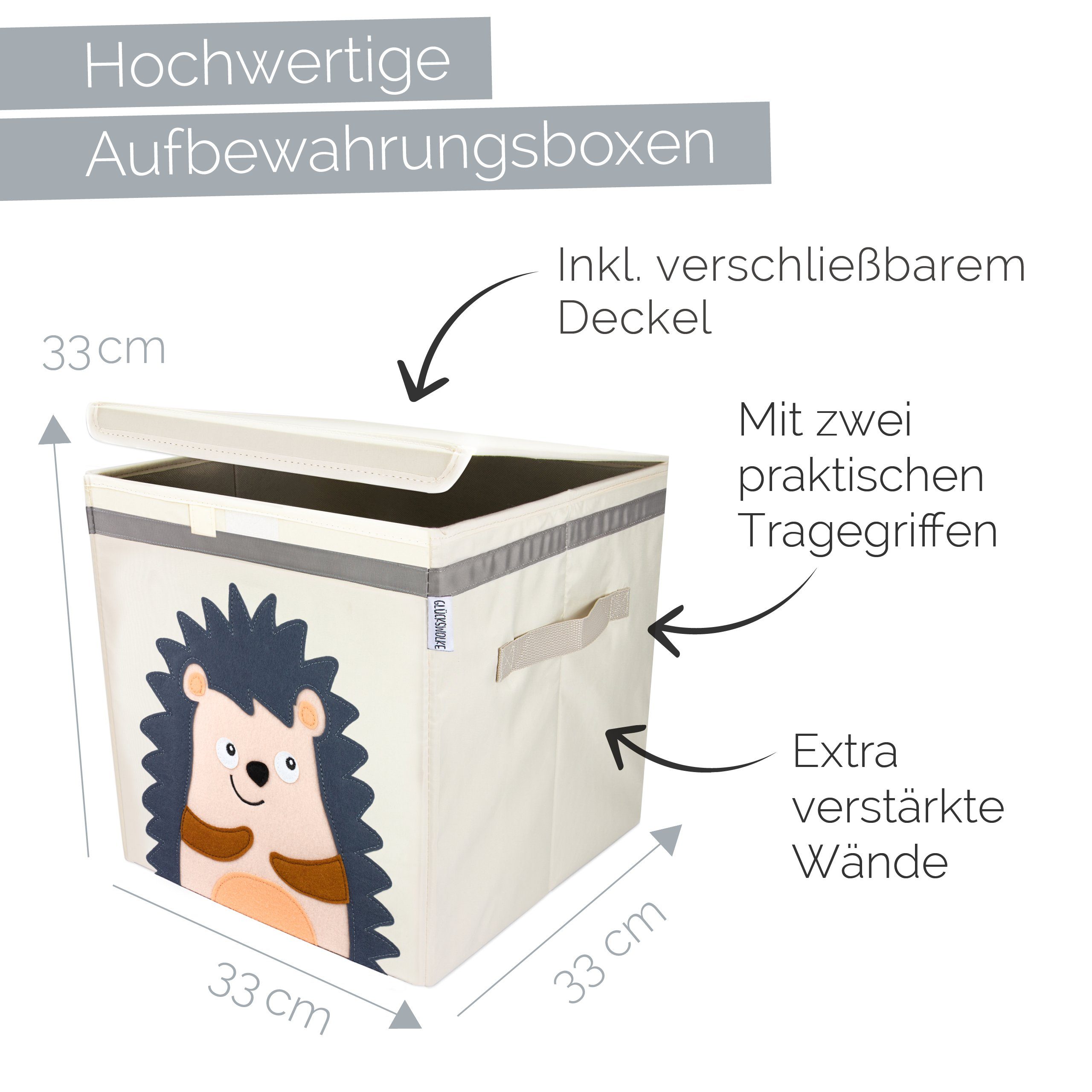 GLÜCKSWOLKE Aufbewahrungsbox Kinder - 15 Motive I Spielzeugkiste mit Deckel für Kinderzimmer (Größe 33x33x33), Boxen zur Aufbewahrung im Kallax Regal I Kiste für Spielzeug