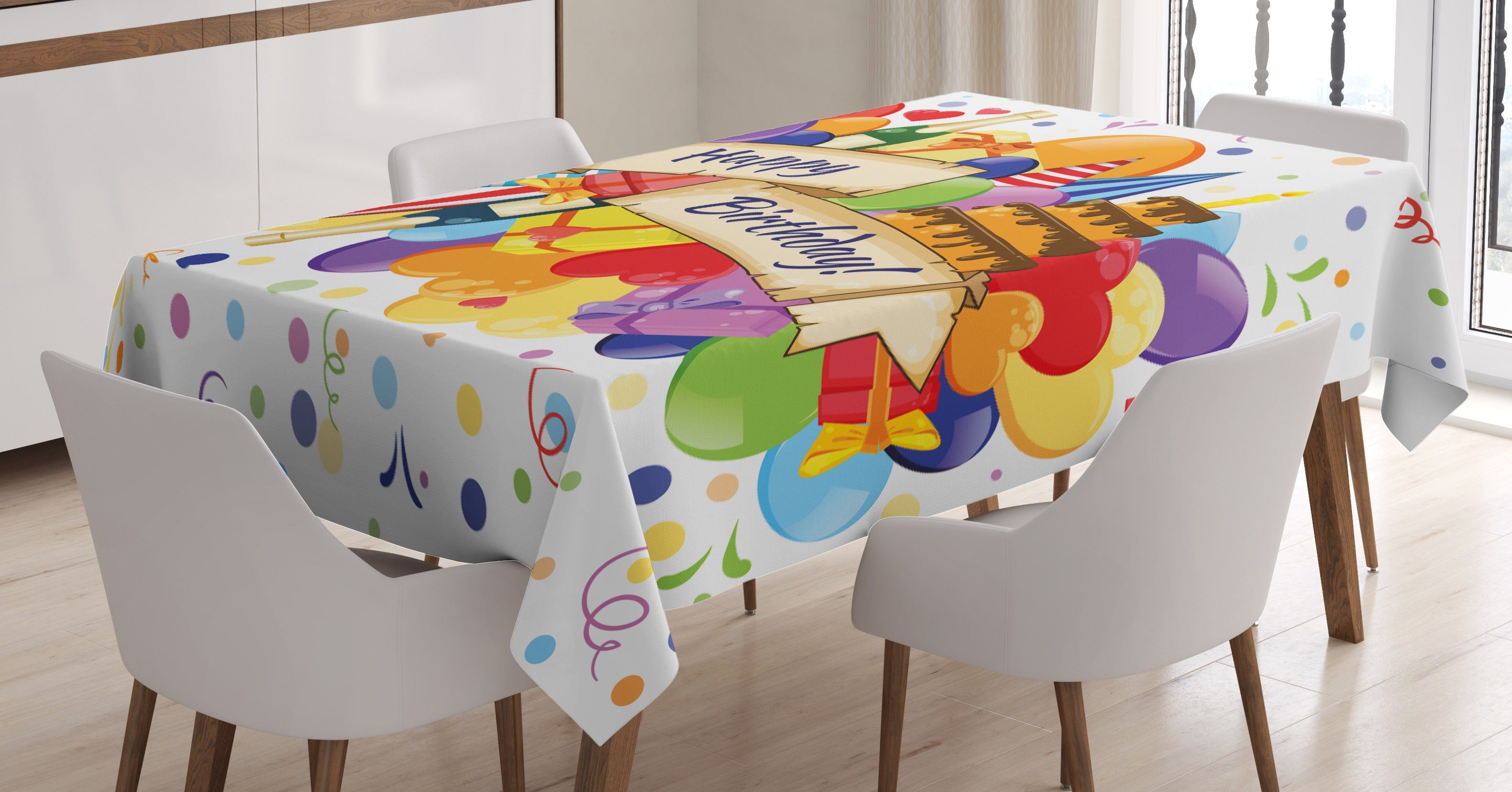 Abakuhaus Tischdecke Farbfest Waschbar Für den Außen Bereich geeignet Klare Farben, Bunt Getränke Kuchen Luftballons