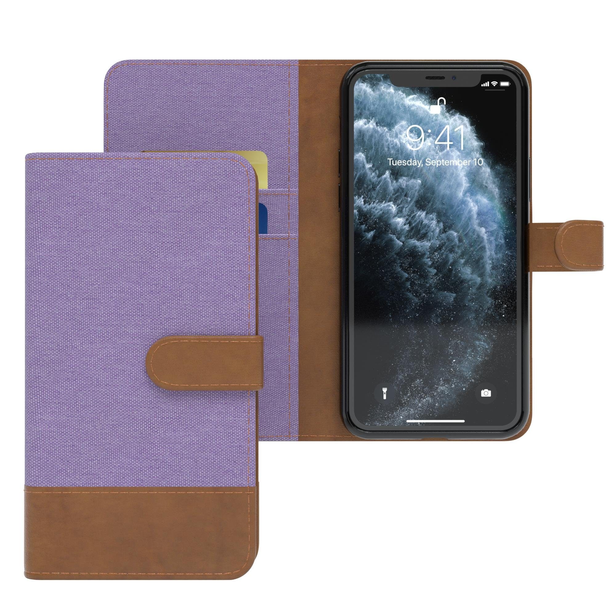 EAZY CASE Handyhülle Bookstyle Jeans für Apple iPhone 11 Pro 5,8 Zoll, Bookstyle Klapphülle mit Visitenkartenfach aus Kunstleder Lila Violett