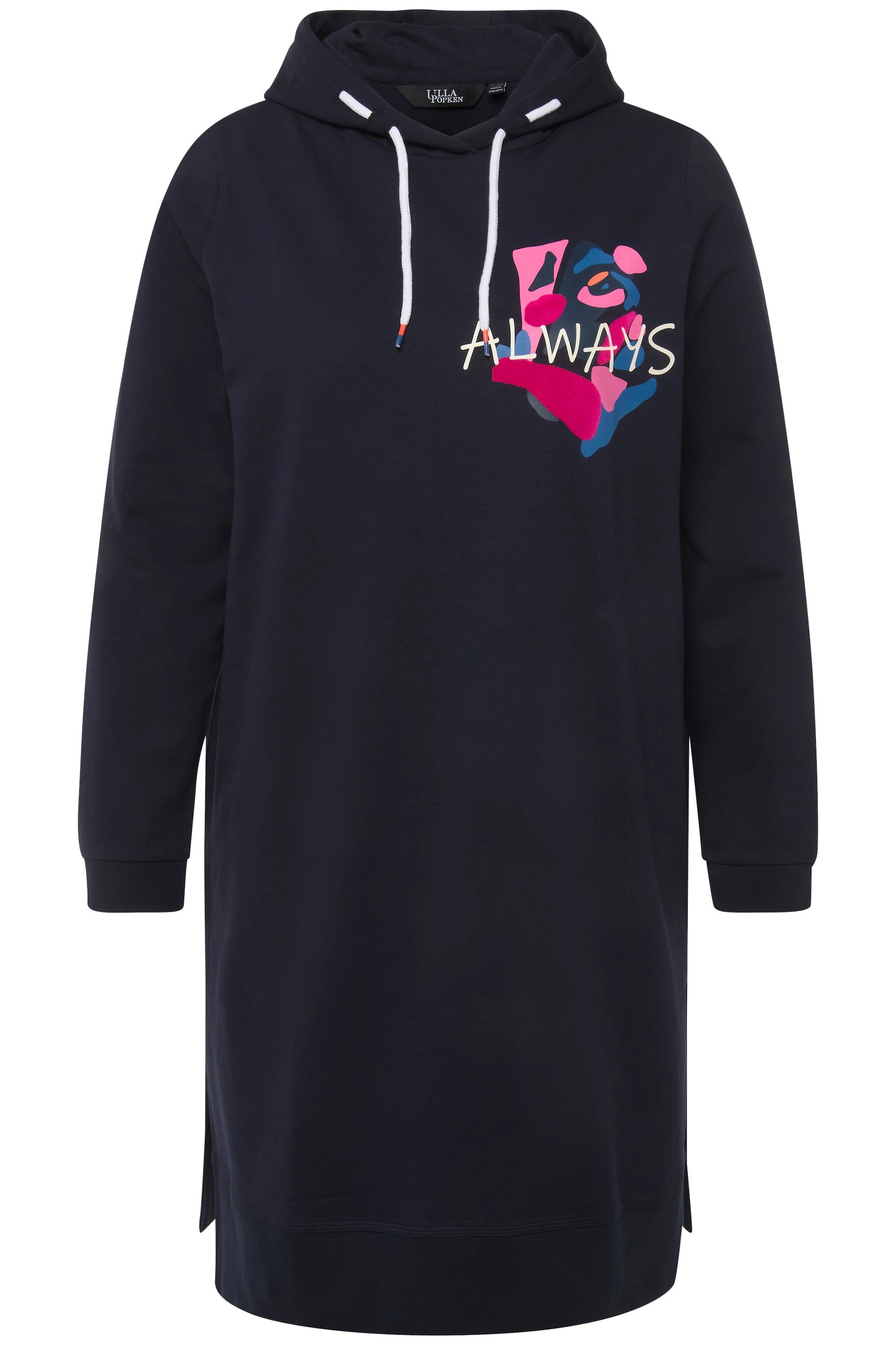 Ulla Popken Sweatshirt Long-Hoodie Schriftmotiv Seitenschlitze günstig online kaufen