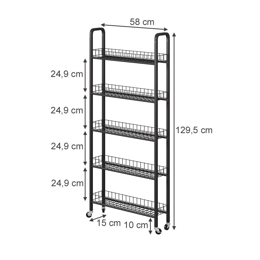 Vicco Rollcontainer Rolivo, Schwarz, 58 x 15 cm mit 5 Fächern