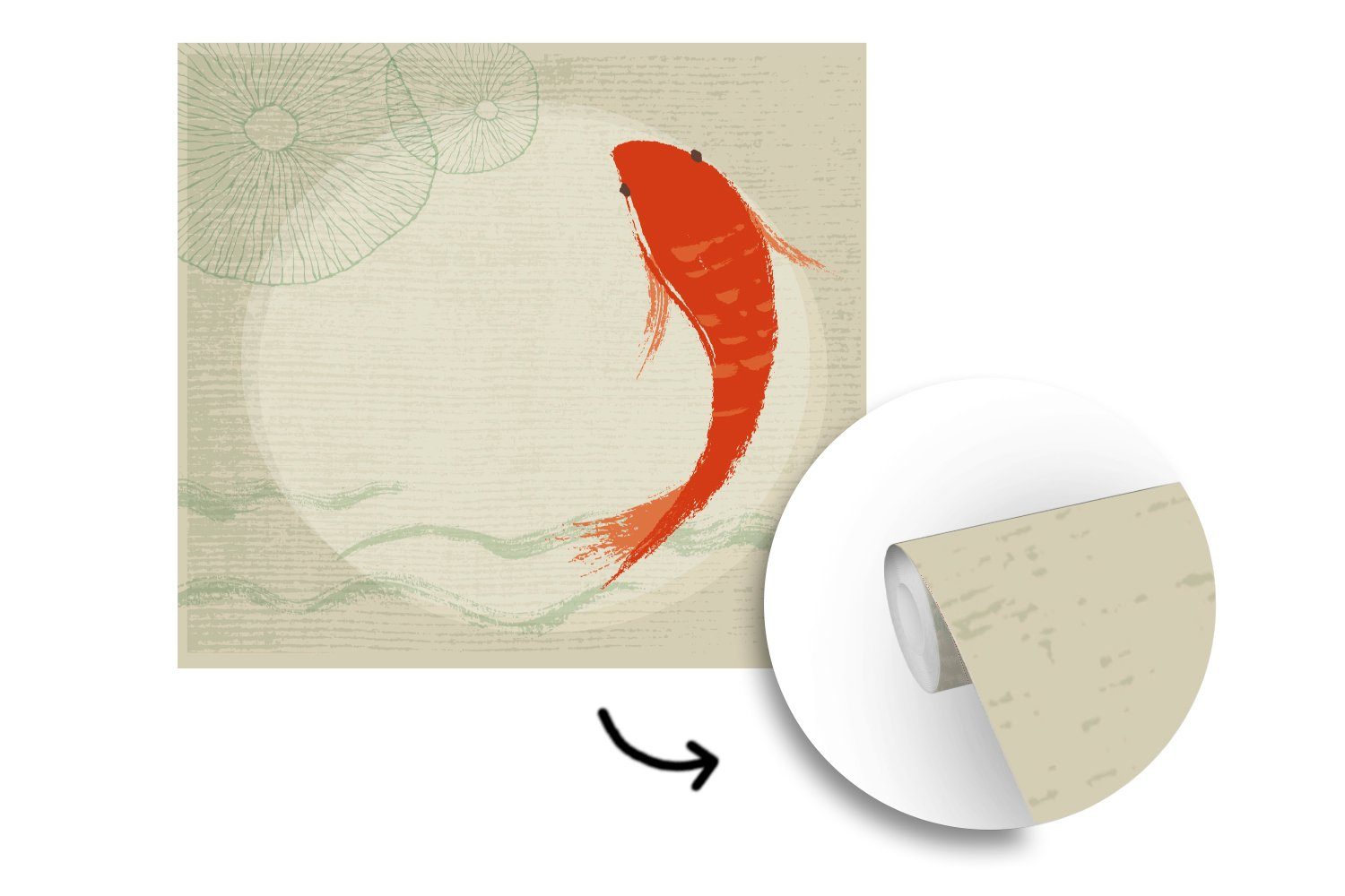 MuchoWow (5 Fototapete oder Eine Illustration orangefarbenen Matt, Tapete Vinyl eines bedruckt, Wohnzimmer St), für Wandtapete Fisches, Schlafzimmer,