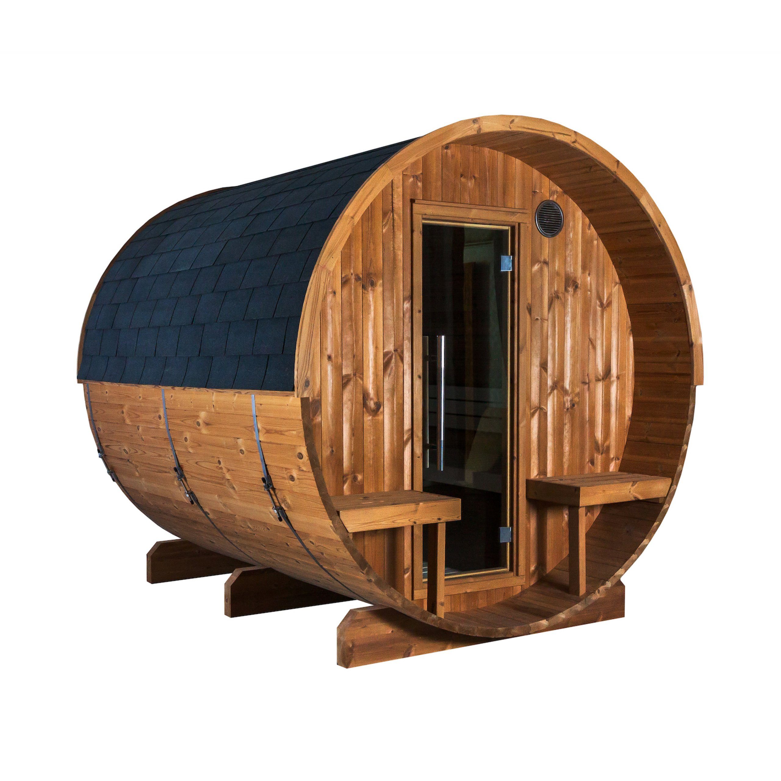 Fasssauna Sentiotec Kaski 240 Panorama Canopy Fasssauna Außensauna aus