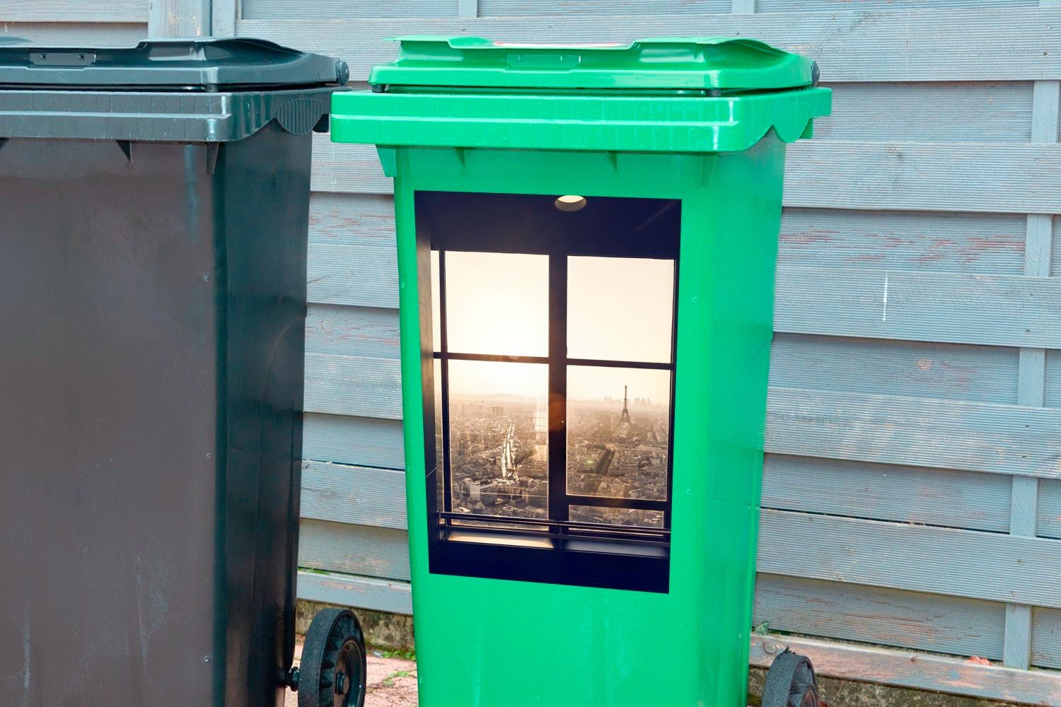 MuchoWow Wandsticker Blick auf den St), aus Abfalbehälter Mülleimer-aufkleber, Fenstern Container, Mülltonne, Sticker, den (1 Eiffelturm