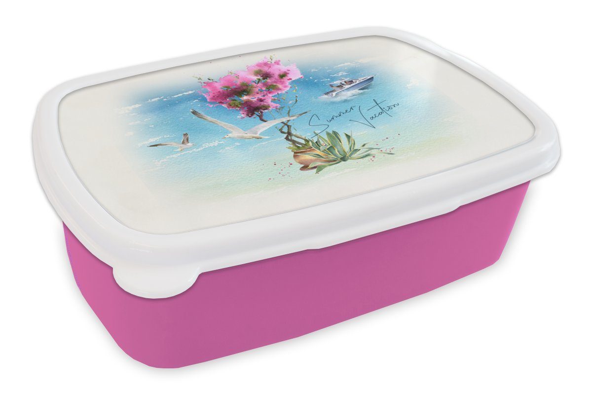 MuchoWow Lunchbox Blume - Boot - Aquarell, Kunststoff, (2-tlg), Brotbox für Erwachsene, Brotdose Kinder, Snackbox, Mädchen, Kunststoff rosa