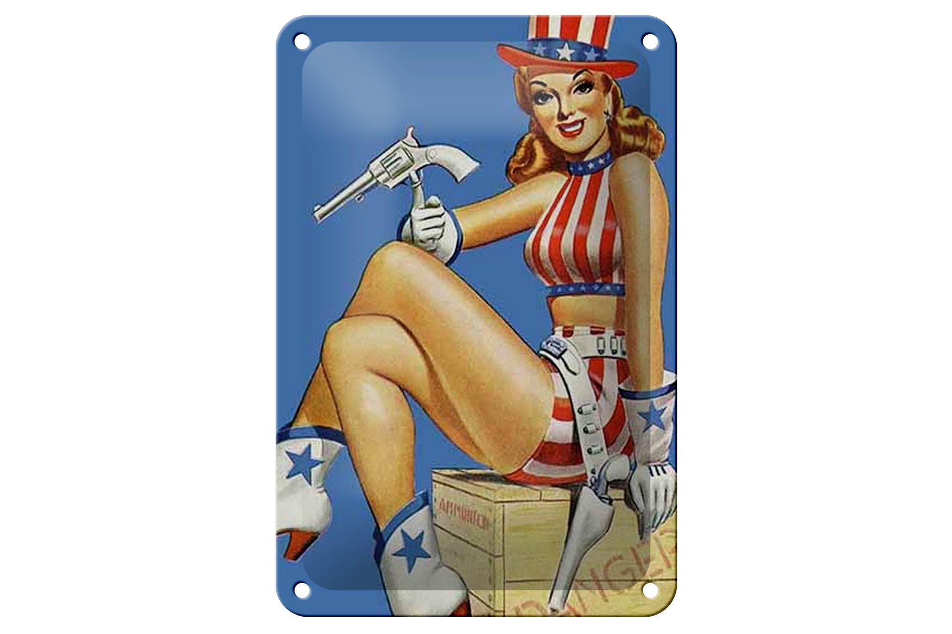 Femer GmbH Metallschild Pin Up 12x18cm danger Cowgirl USA Pistole, (1 St), gewölbte Oberfläche, abgerundete Ecken, umgeschlagene Kanten