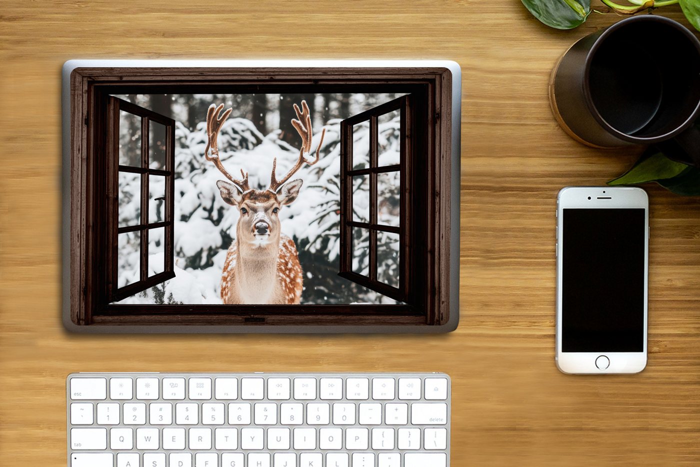 Thumbnail - MuchoWow Laptop-Aufkleber Hirsche - Schnee - Winter - Wald - Tiere - Durchblicken, (1tlg), Laptop Folien Cover, Aufklebe...