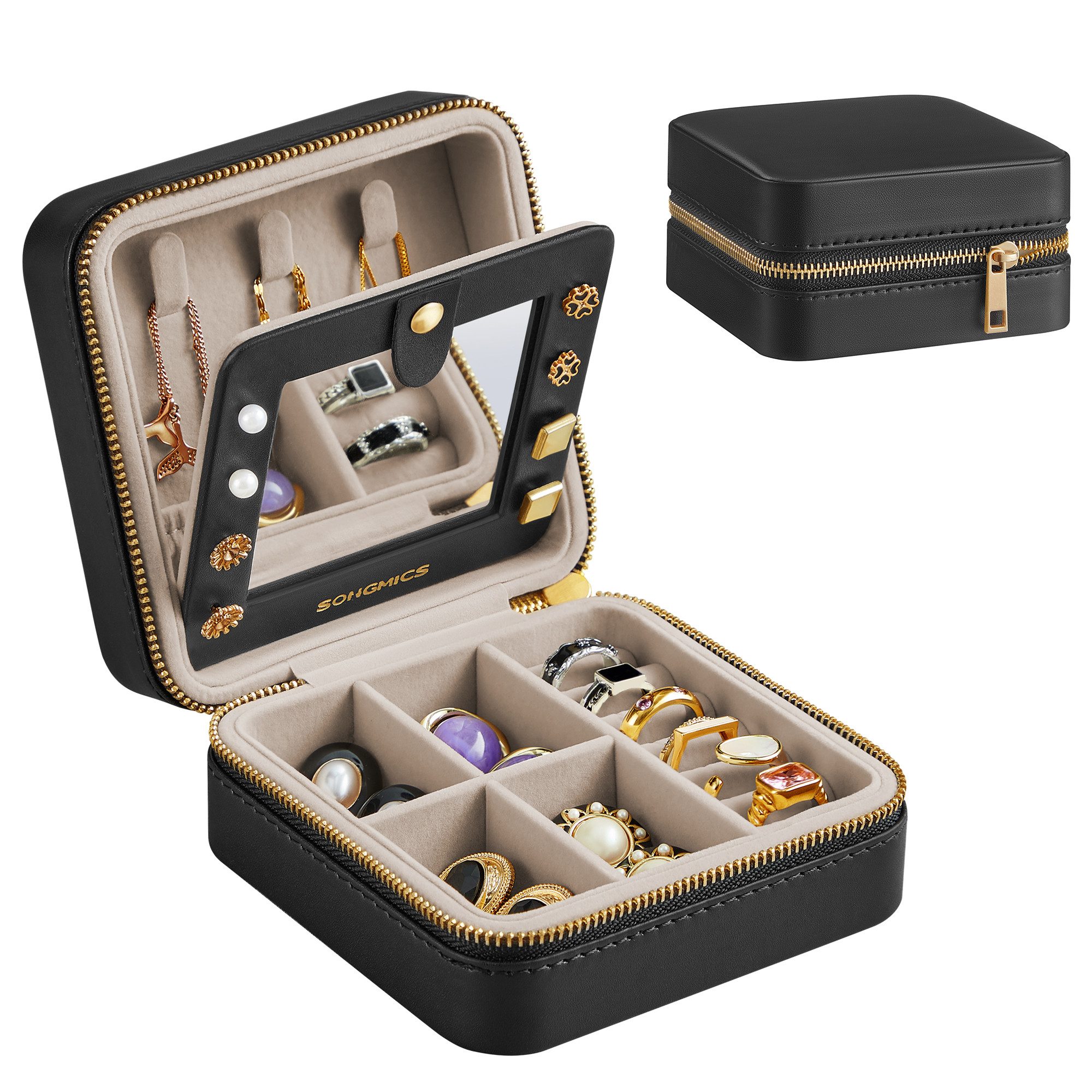 SONGMICS Schmuckkasten Reise, Schmuck-Reiseetui, Spiegel, Reißverschluss, Geschenkidee, Schmuckaufbewahrung tragbar, PU-Bezug, 11,4 x 11,4 x 6 cm