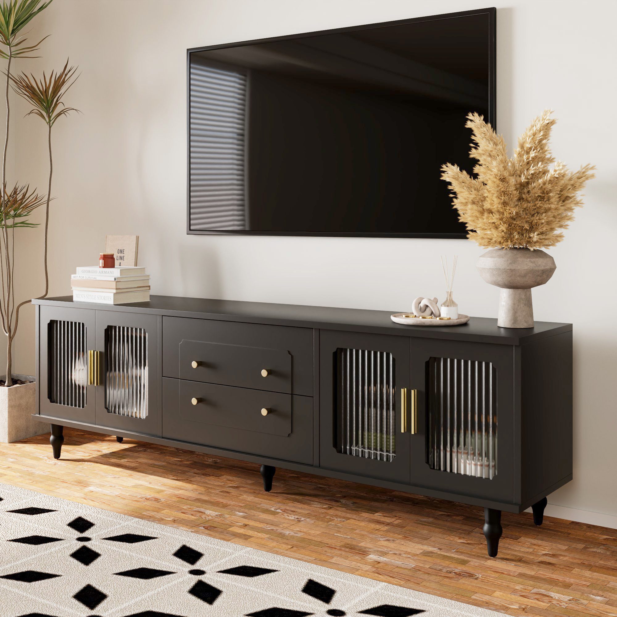 Merax Lowboard mit Schubladen und Türen, TV -Schrank mit Glastüren,Fernseht günstig online kaufen