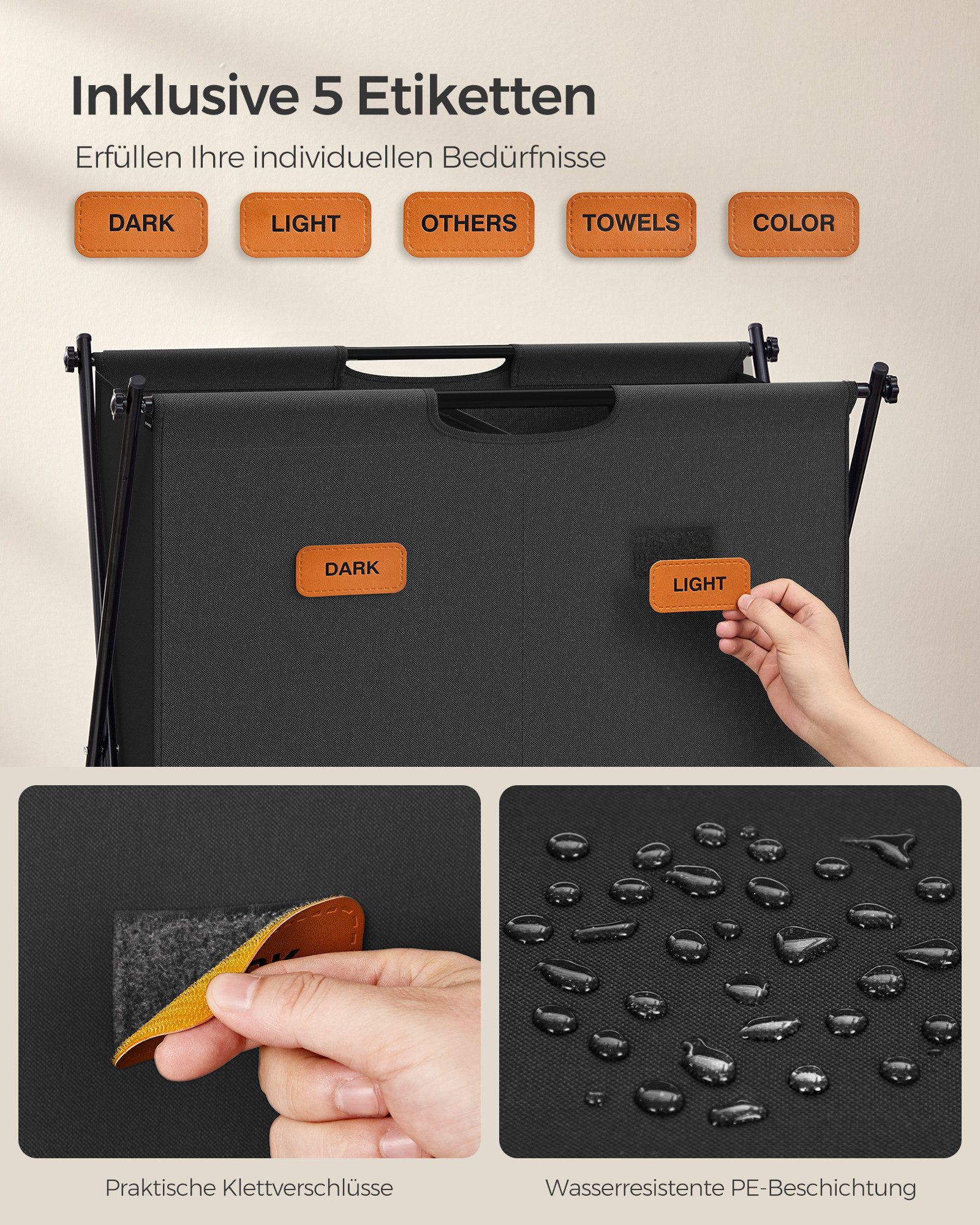 SONGMICS Wäschekorb, Wäschesammler 115 Liter, Wäschebox, klappbares X-Gestell