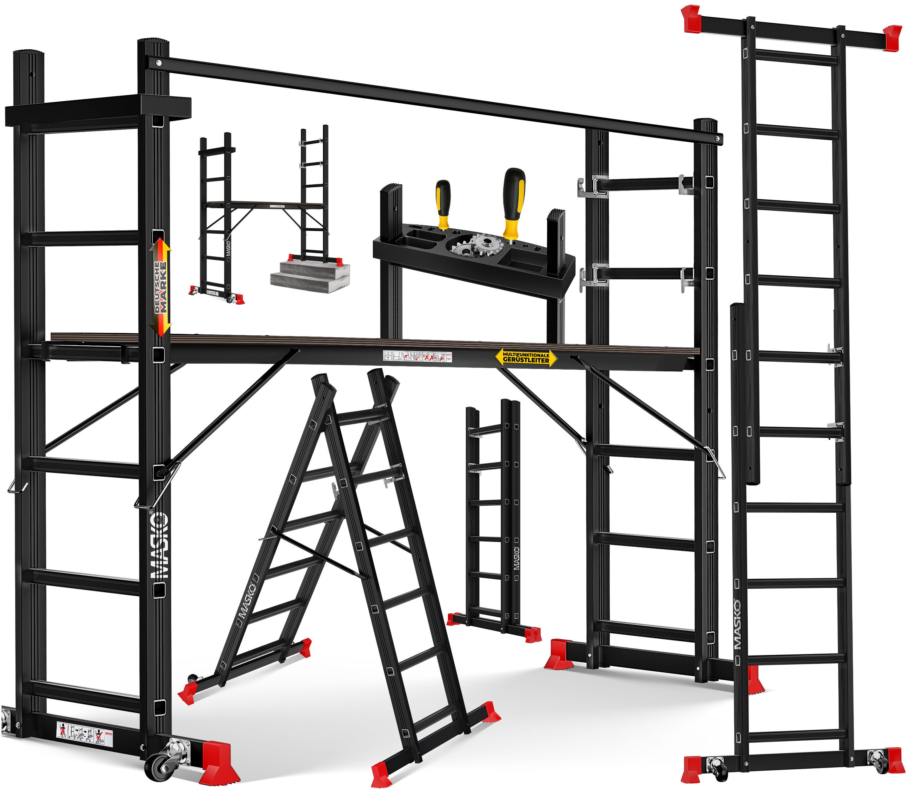 MASKO Arbeitsgerüst Baugerüst mit Arbeitsbühne 4in1 Mehrzweckleiter, bis 150kg belastbar, als Anlegeleiter, Bockeiter, Treppenleiter & Gerüstleiter nutzbar