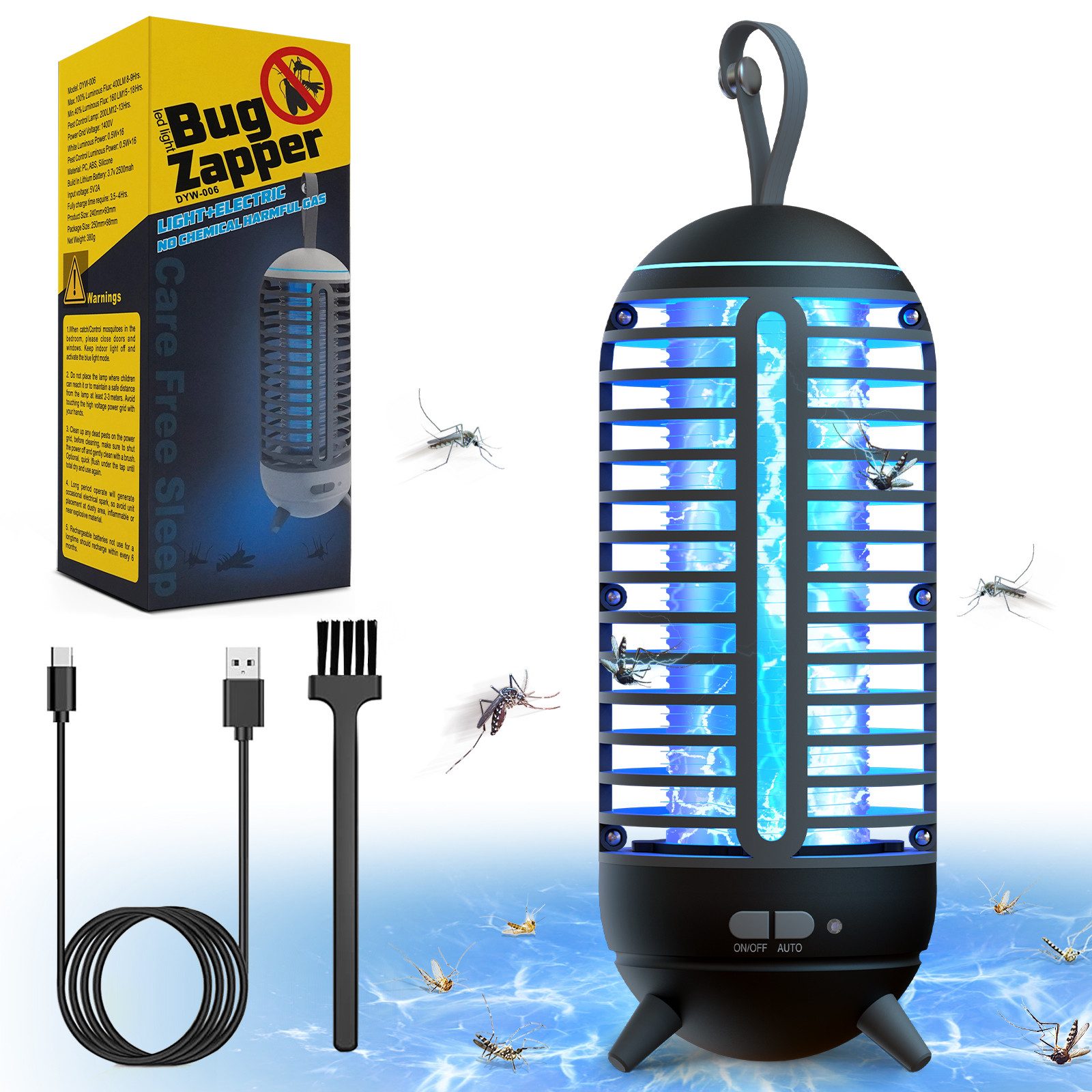 Fanttik Insektenvernichter Elektrisch, Mückenlampe Mit LED-Licht, 2500mAh Akku Moskito Killer, Fliegenfalle Mückenfalle für Innen, Wasserdicht
