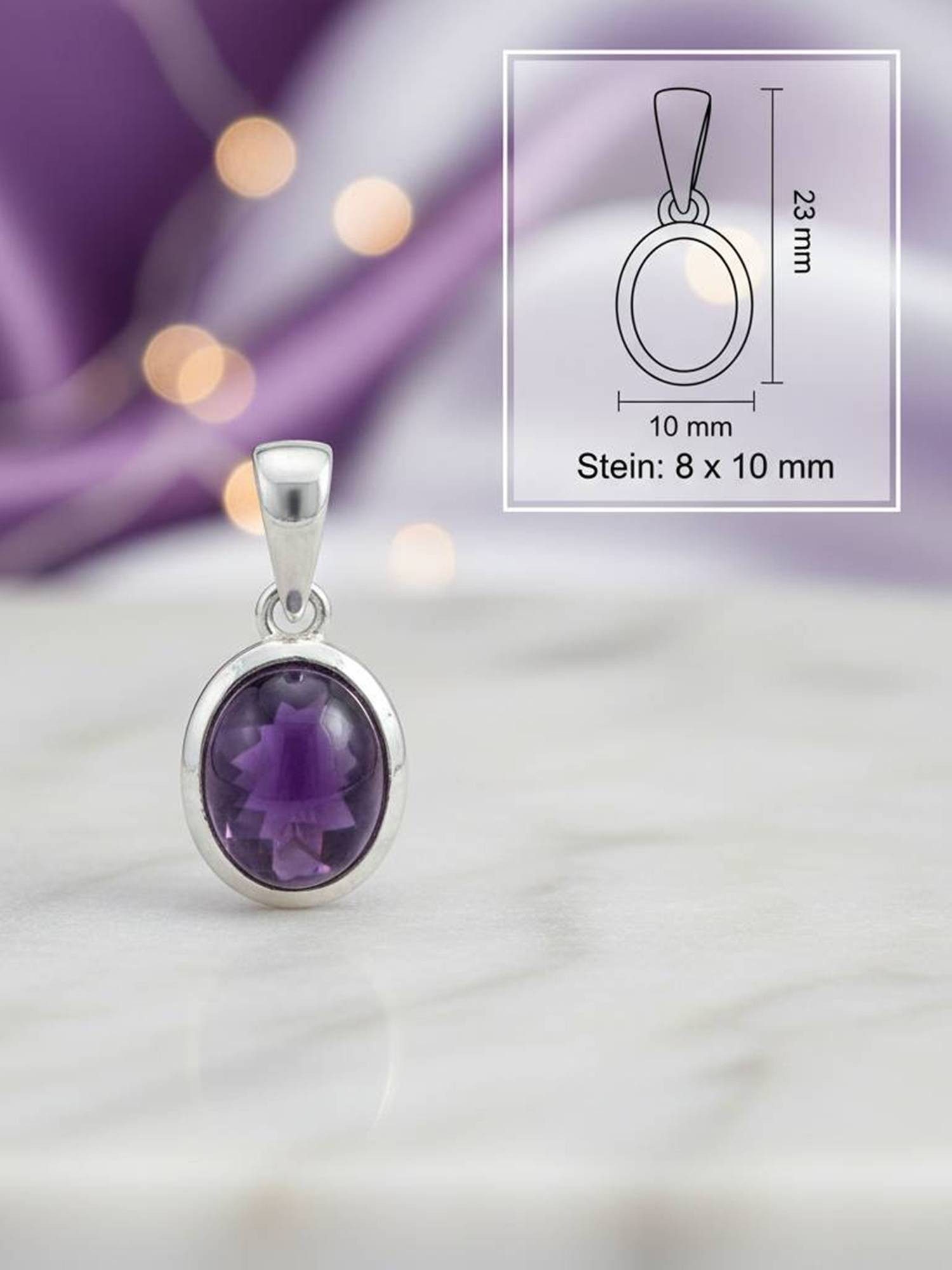 mantraroma Kettenanhänger MIALE oval aus 925 Silber mit Amethyst (Kettenanhänger am Baumwollband im Schmuckbeutel), 925 Sterling Silber Kettenanhänger für Damen