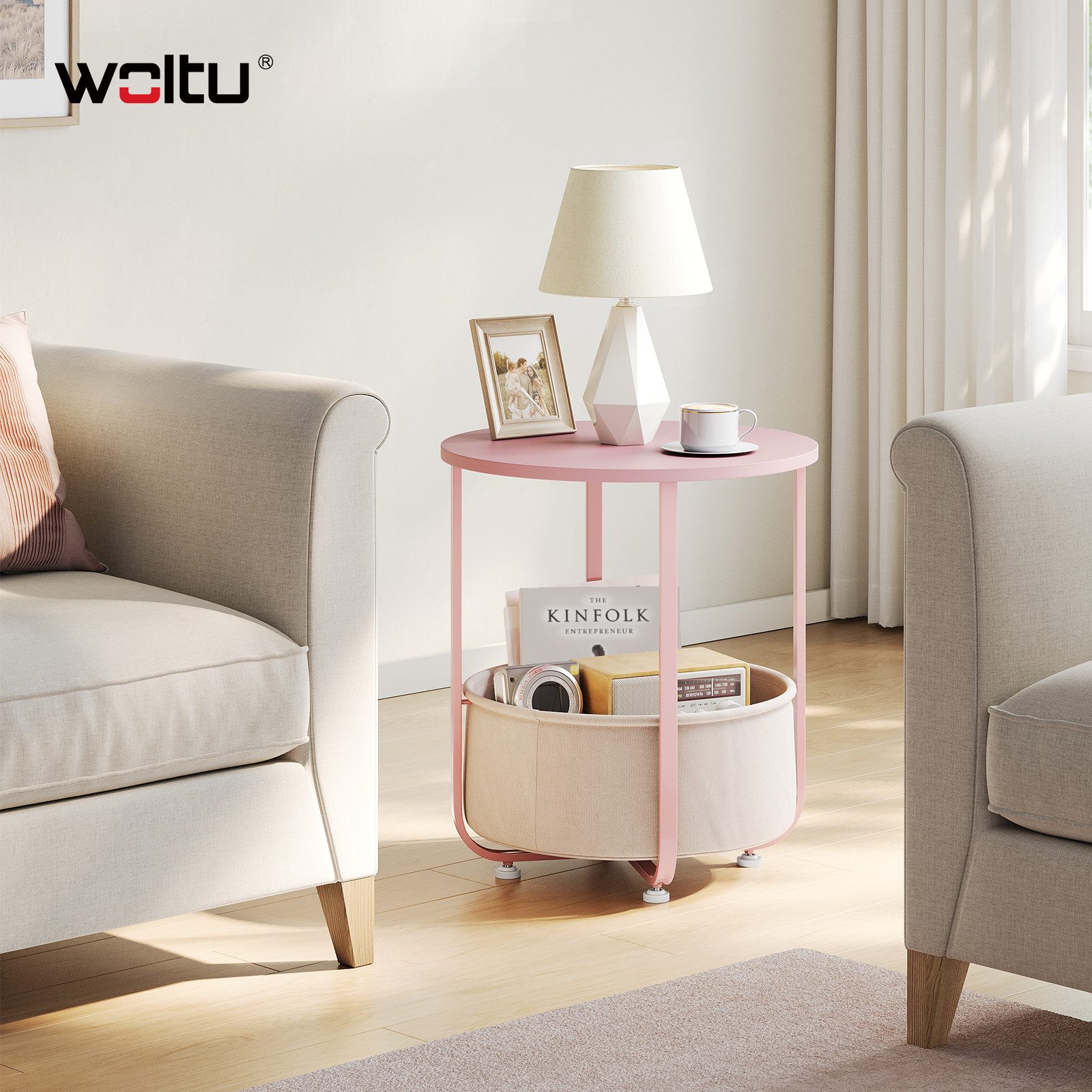 Woltu Beistelltisch, klein, mit abnehmbarem Stoffkorb, für Wohnzimmer Schlafzimmer